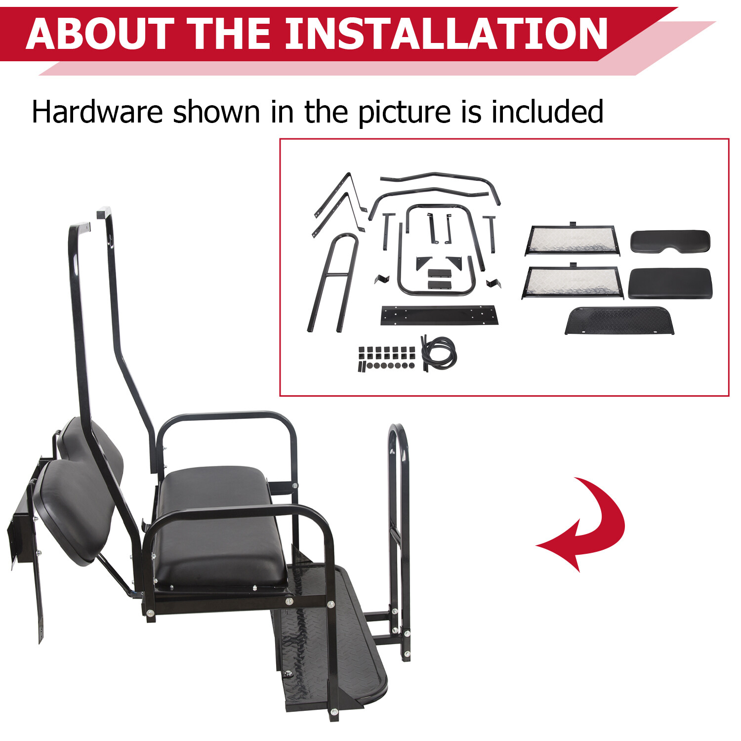 Rear Seat Kit w/ Grab Bar for Club Car DS (1982-2000.5) Golf Cart - Black