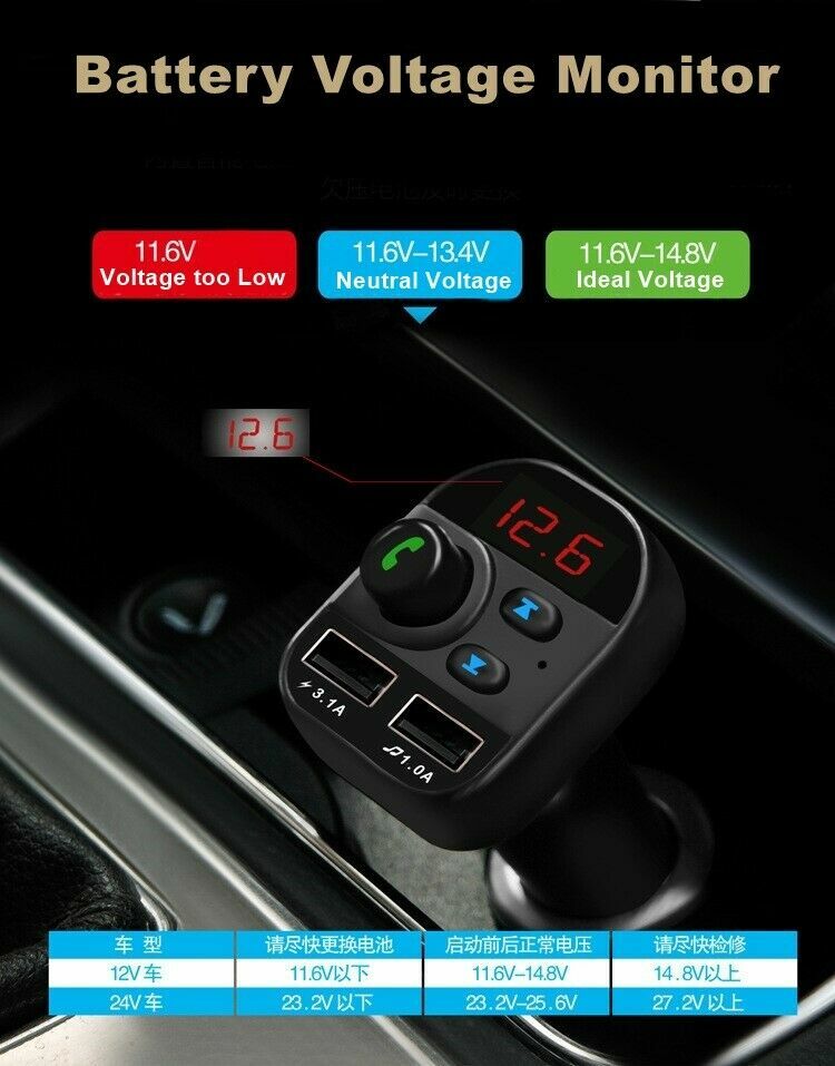 Bluetooth In-Car Wireless FM Transmitter MP3 Radio Adapter Car Kit Charge 2 USB