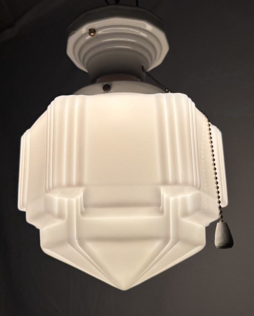 Skyscraper Shade Porcelain Ceiling Light Fixture Vtg Art Deco Glass USA #L44