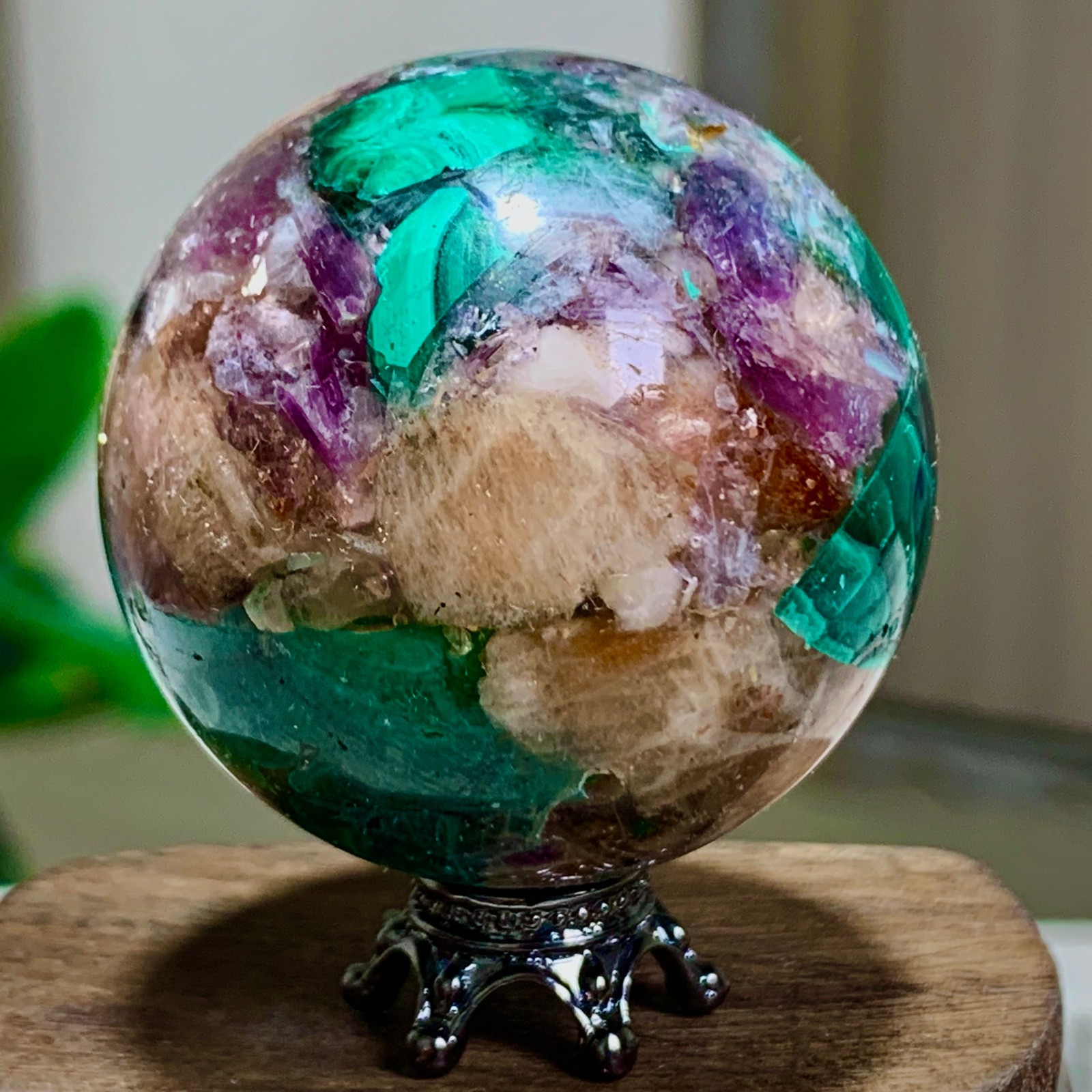 84G Newly discovered rare malachite purple mica symbiotic sphere restoration