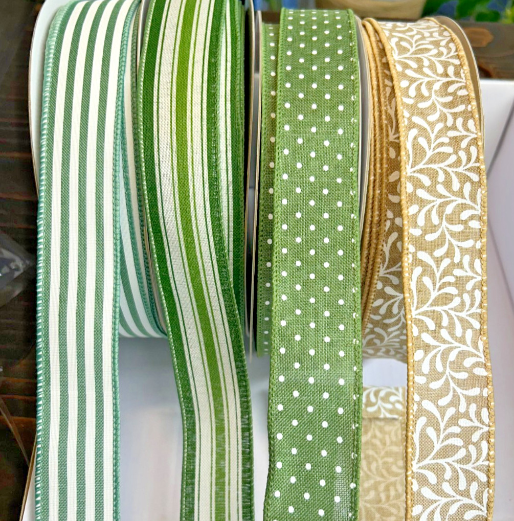 1.5" Natural Sage Fern Wired Ribbon 10 Yds - Stripes, Dots or Vines Style