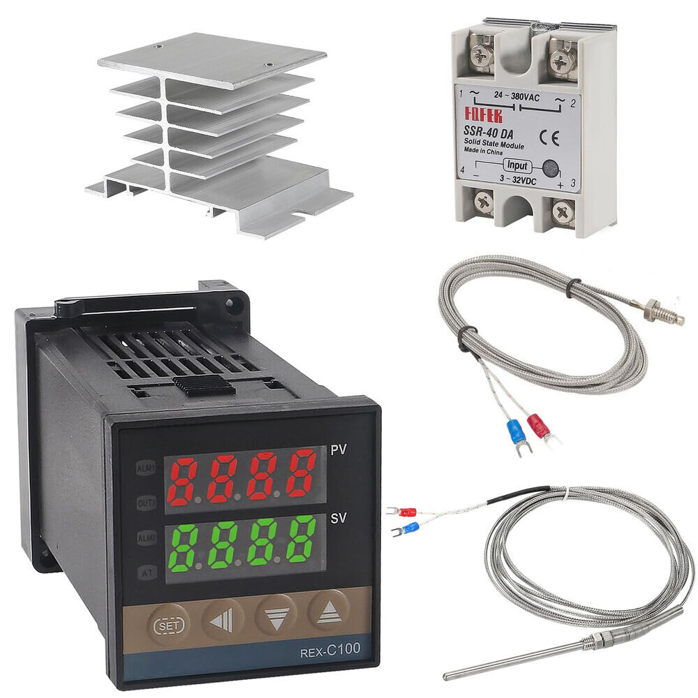 110-240VAC PID REX-C100 Temperature Controller SSR-40A Thermocouple Heat Sink US