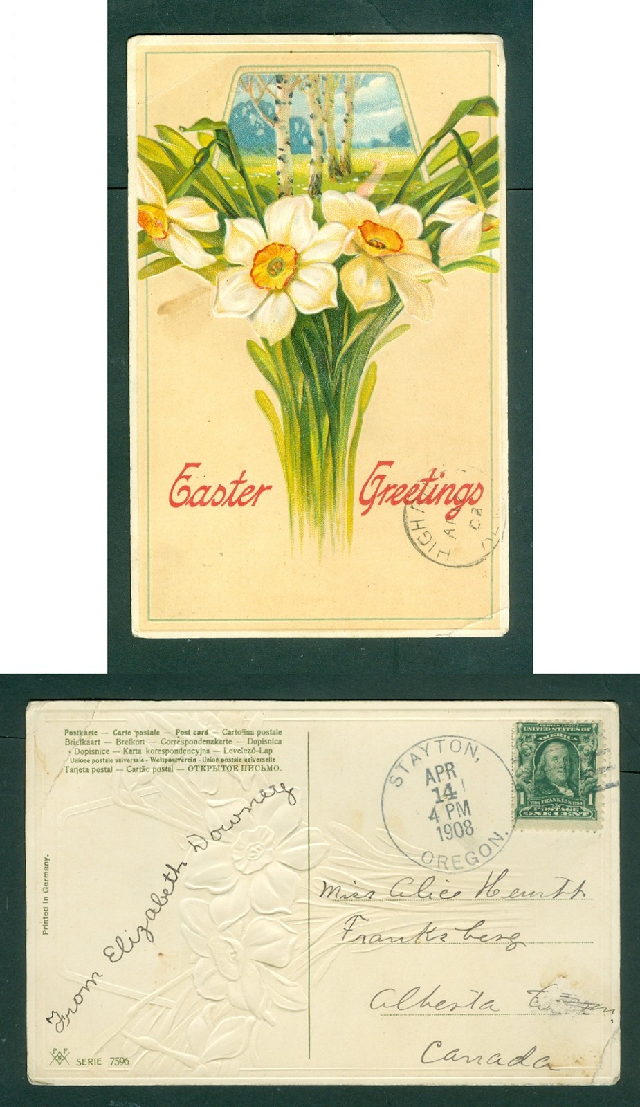 USA 1908 Postcard. Easter Flowers. Stayton Oregon. 1 Cent Franklin.  Adr. Canada