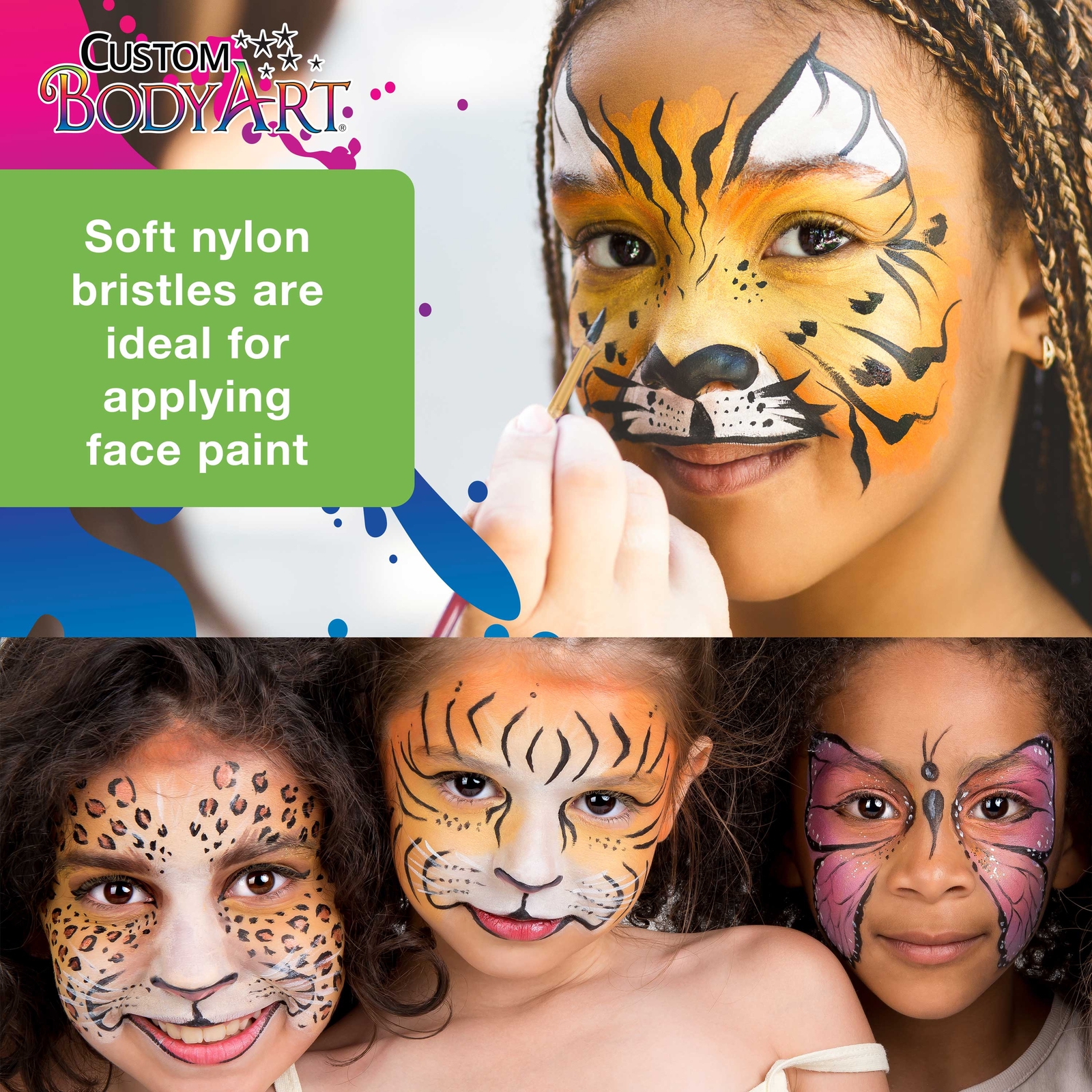 6 Piece Nylon Hair Face Painting Brush Set 4 Round Sz. 2-4-6-10, 2 Flat Sz. 8-12