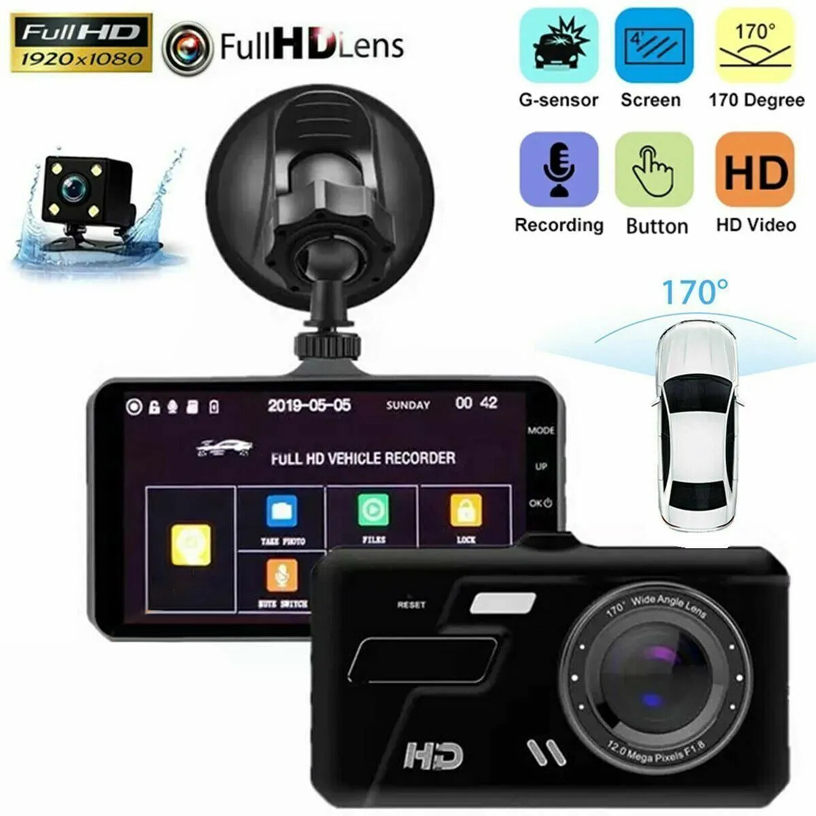 4" 1080P Screen Dash Cam Dual Lens Car DVR Recorder Front and Rear Camera