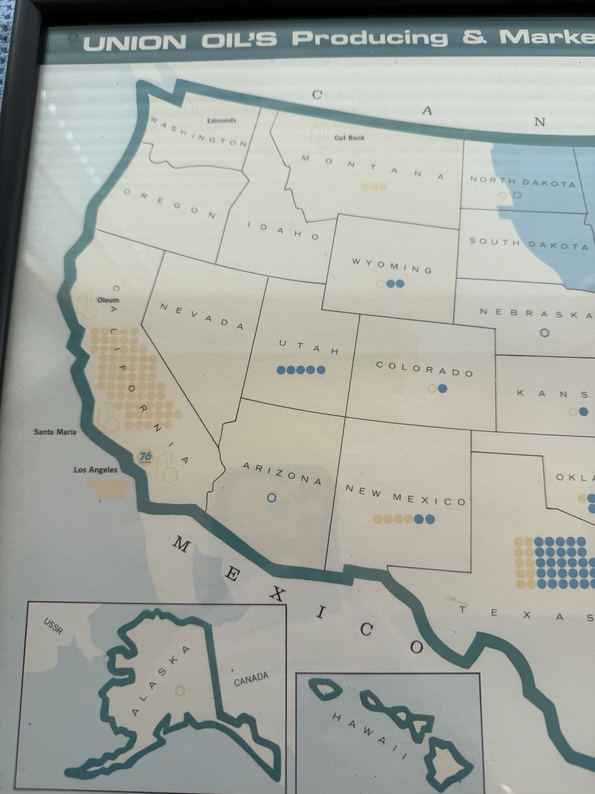 ANTIQUE UNION 76 OIL PRODUCING & MARKETING AREA REFINERIES FRAMED U.S. MAP