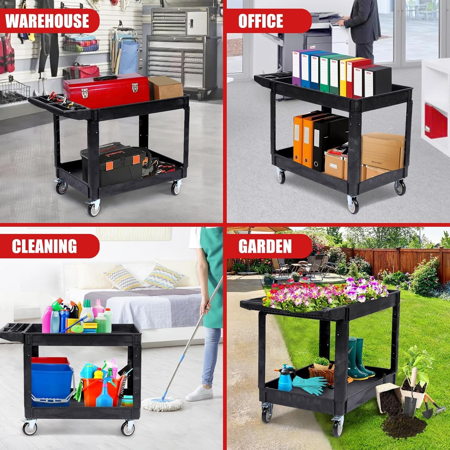 2-Shelf Utility Cart 550 lb Heavy Duty Rolling Plastic Cart with Lockable Wheels