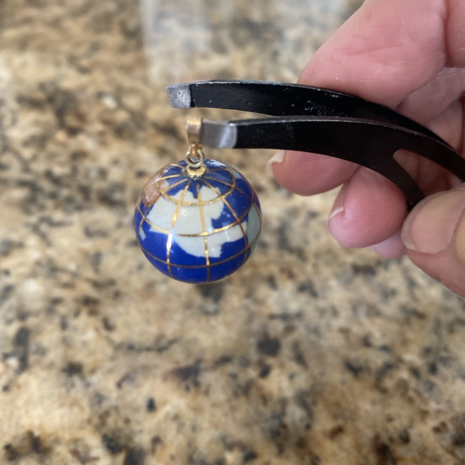 Vintage Yellow Gold Plated & Blue Enamel Globe Earth Dangle Charm Or Pendant