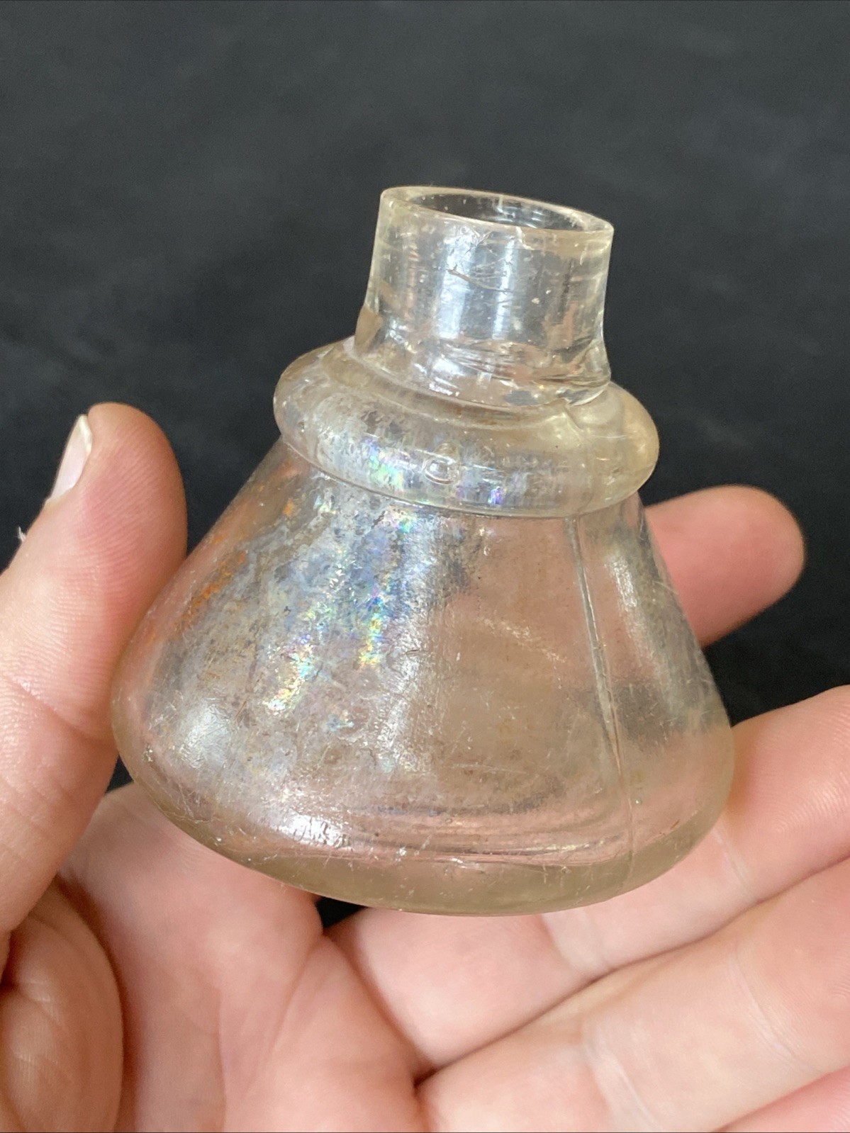 Antique Iridescent Clear Sheered Lip Cone Ring Shoulder 19th C Ink Well Bottle