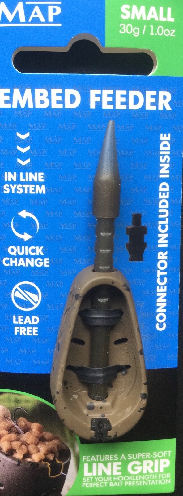 MAP FISHING EMBED HYBRID INLINE METHOD FEEDER WITH LINE GRIP FEATURE