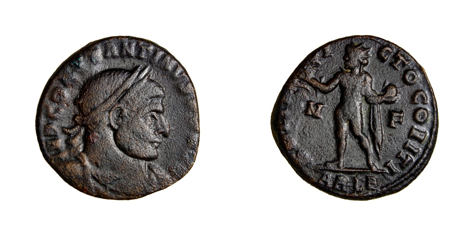 RARE ARLB Constantine I. A.D. 307 AE follis Sol Arles in France Roman Coin