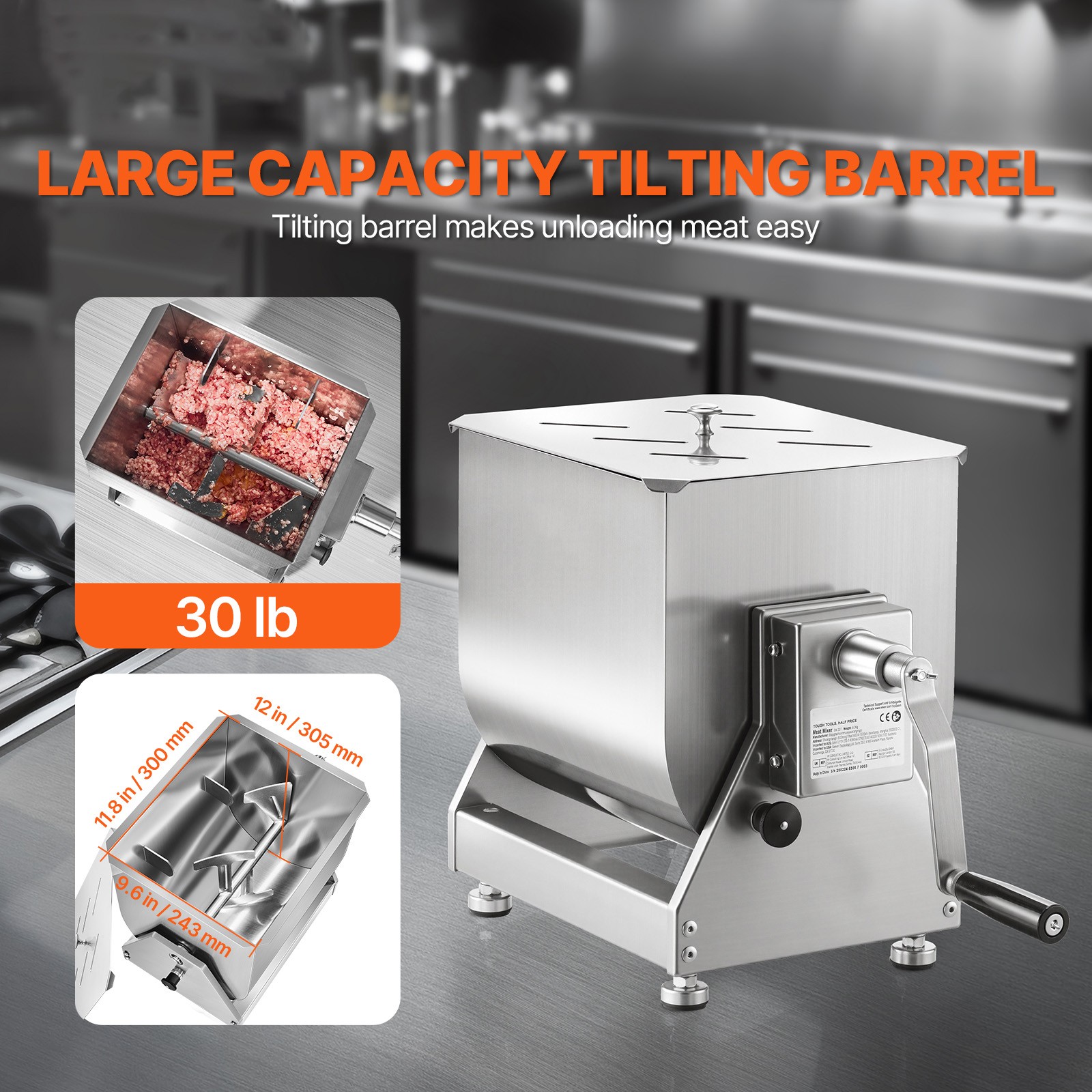 30LB Tilt Manual Meat Mixer Hand Meat Sausage Mixer Machine Stainless Steel