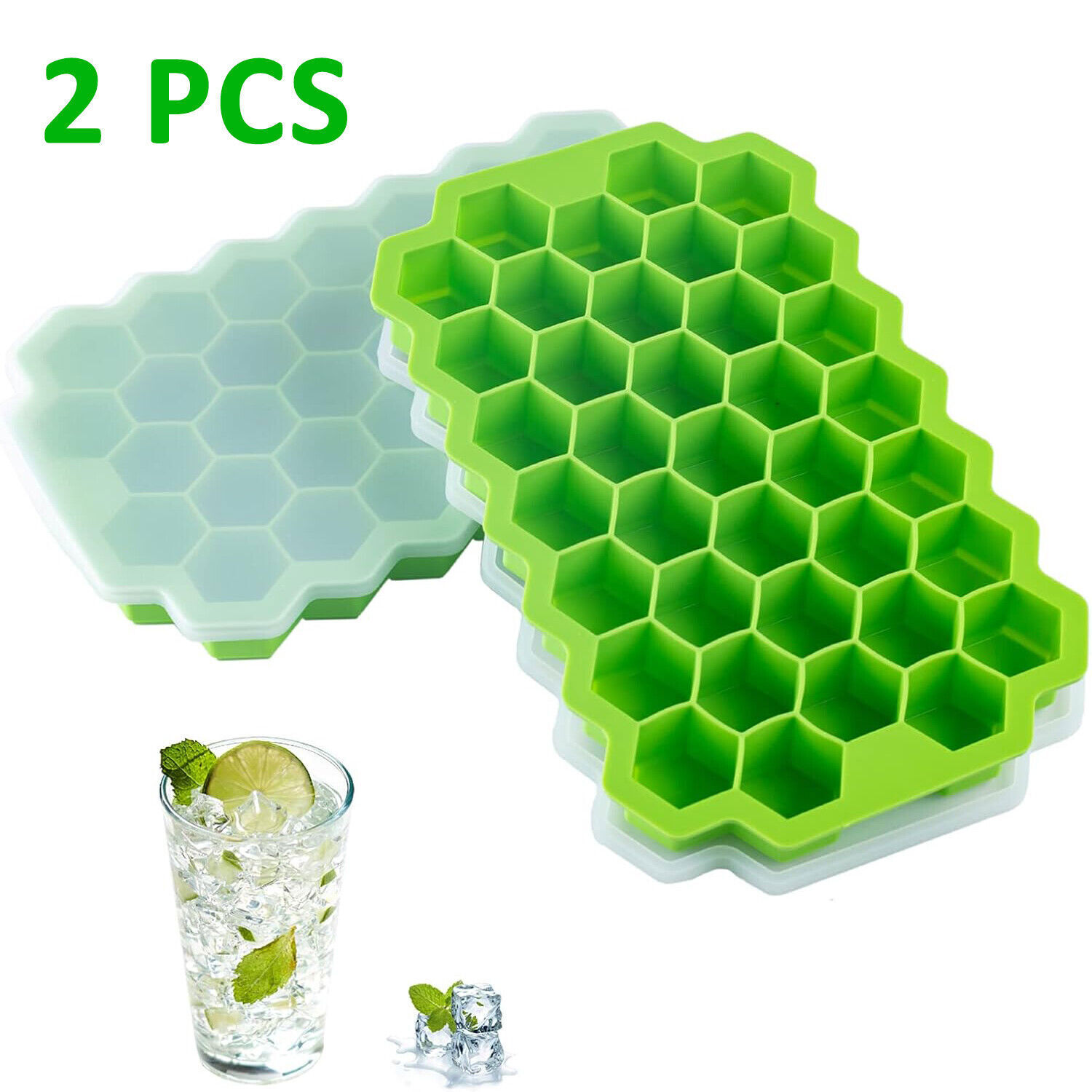 2x Silicone Ice Cube Trays Honeycomb 74-Ice Cube Molds with Lid Reusable Storage