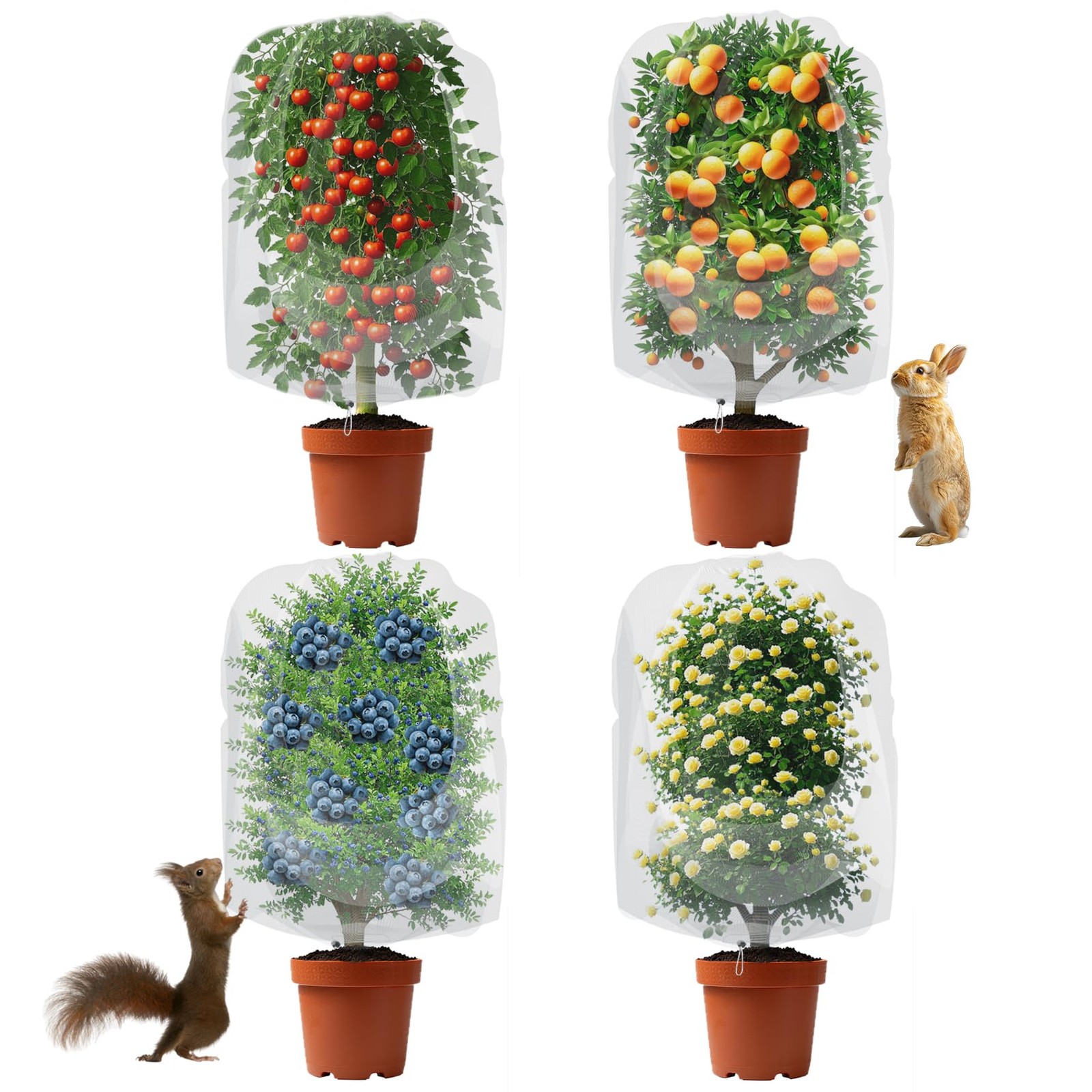 4 Pack Garden Netting for Blueberry Bushes 2.7ftx 3.3ft with Drawstring Garde...