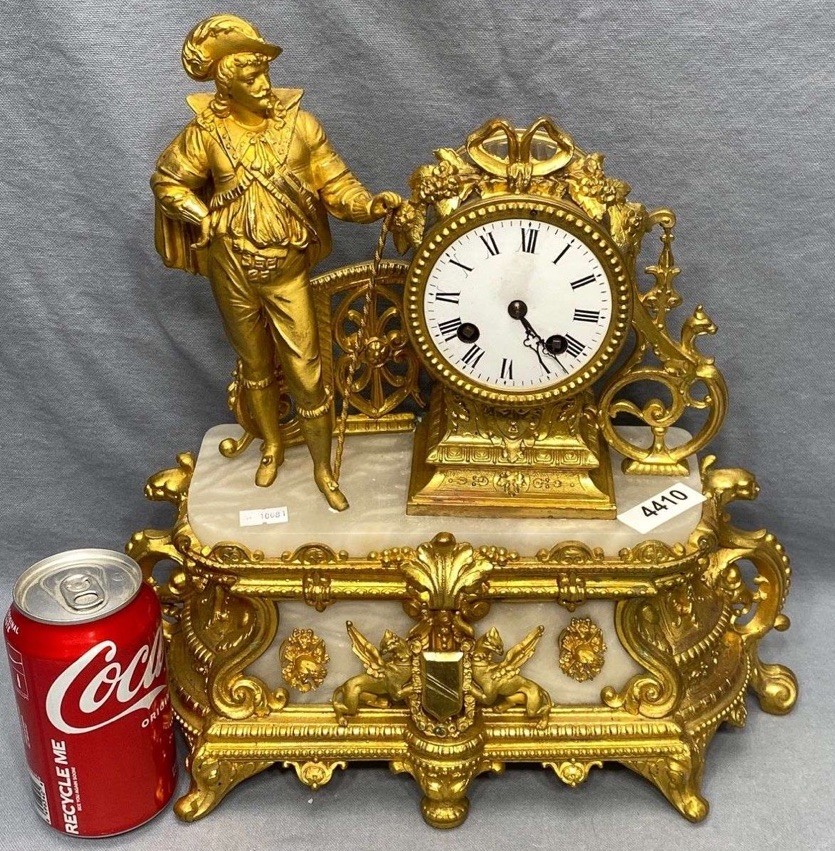 Antique French Gilt Spelter & Marble Mantle Clock Ormolu Timepiece Untested