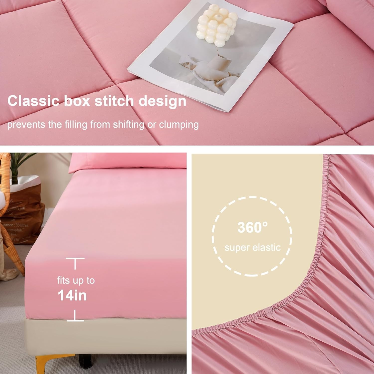 Full Size Comforter Sets, 7Pcs Full Size Bedding Sets Pink, All Season Down A...