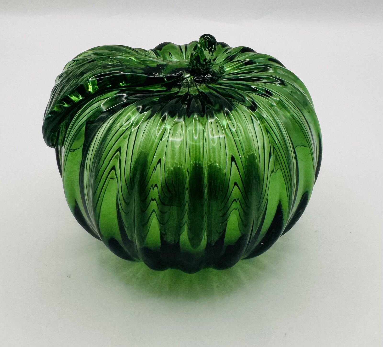 Vintage Hand-Blown Glass Green Apple/Pumpkin Paperweight Home Decor