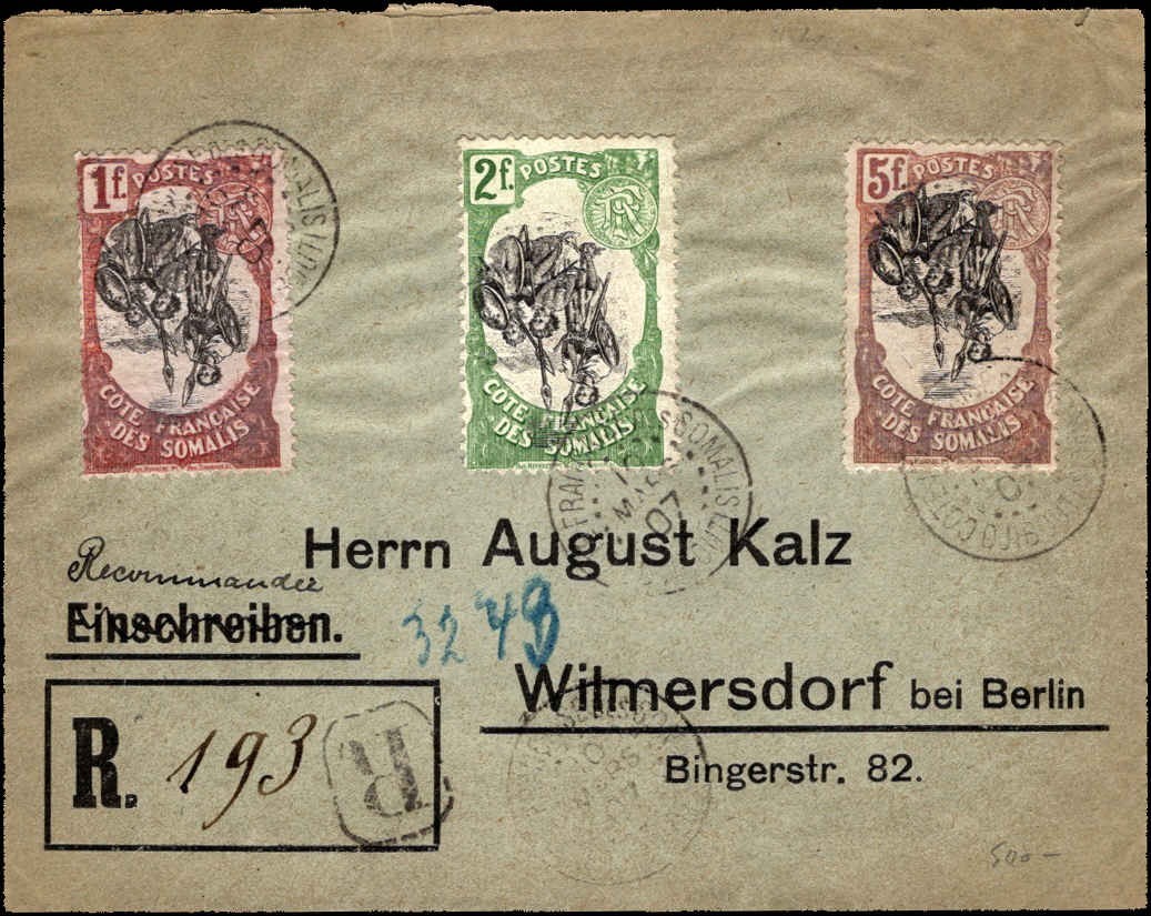 Somali Coast 1907 Registered Cover to Berlin 1f 2f 5f Franking