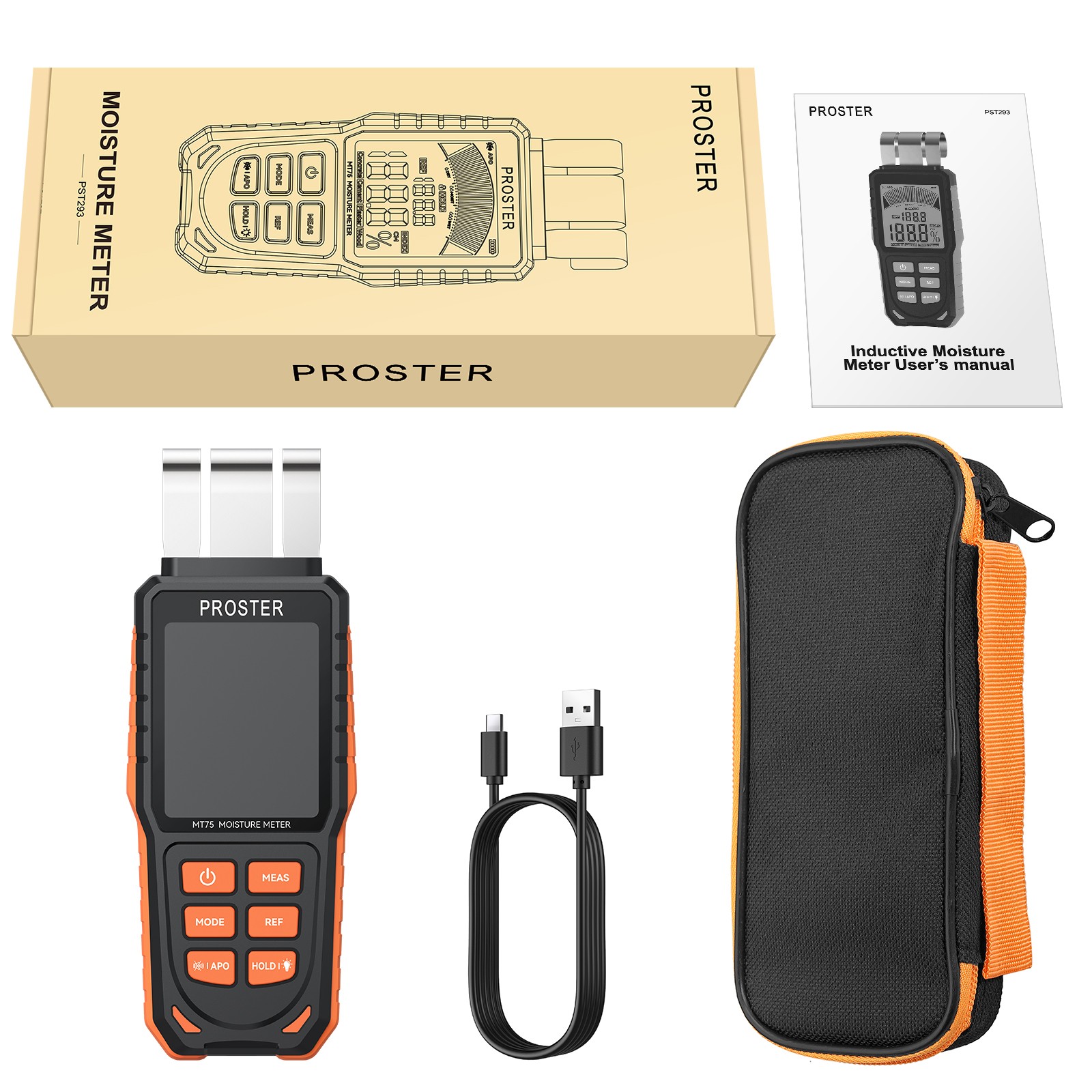 Proster Pinless Moisture Meter Wall Firewood Masonry Concrete 5Modes Damp Tester