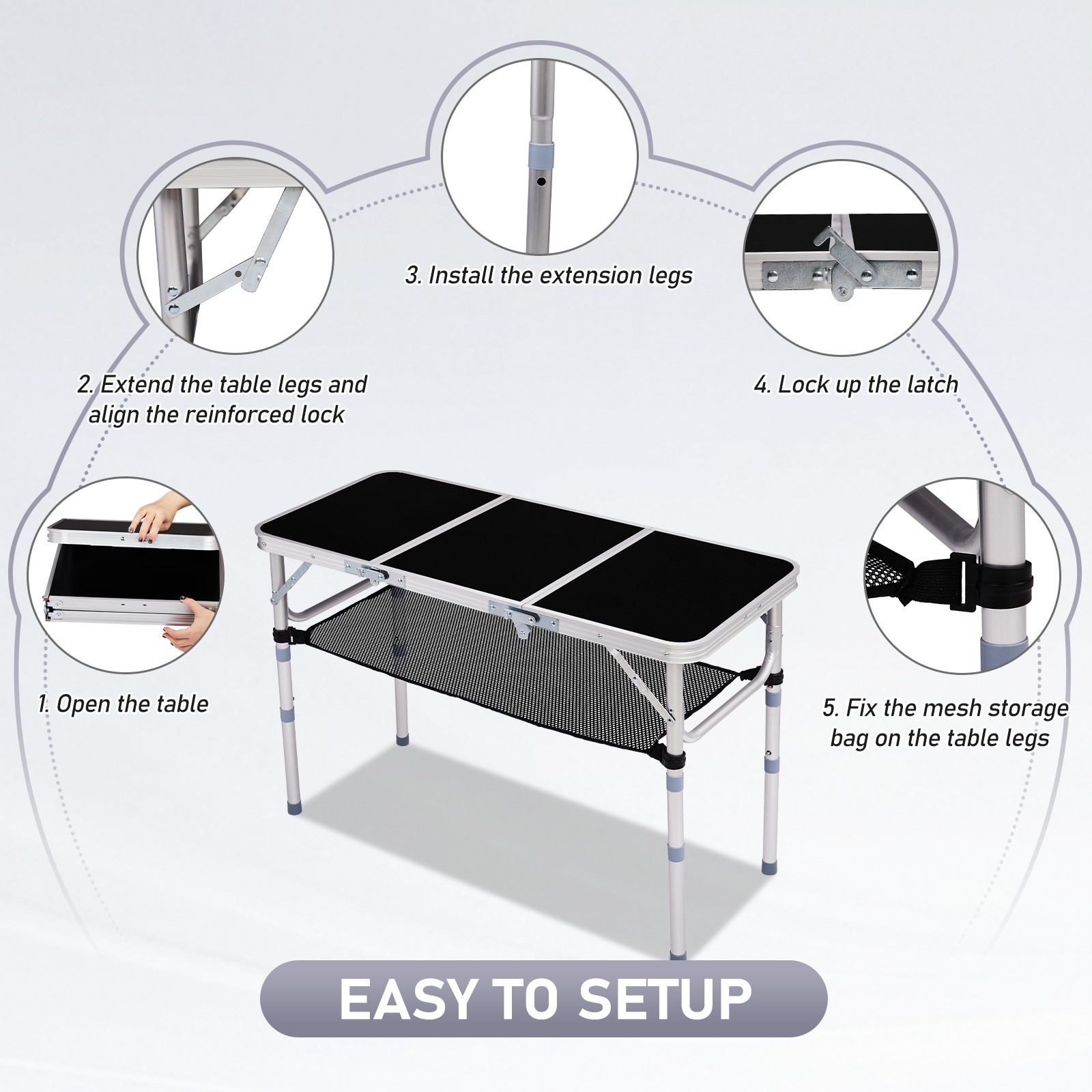 3FT Portable Aluminum Outdoor Folding Camping Table with Bag Adjustable Height