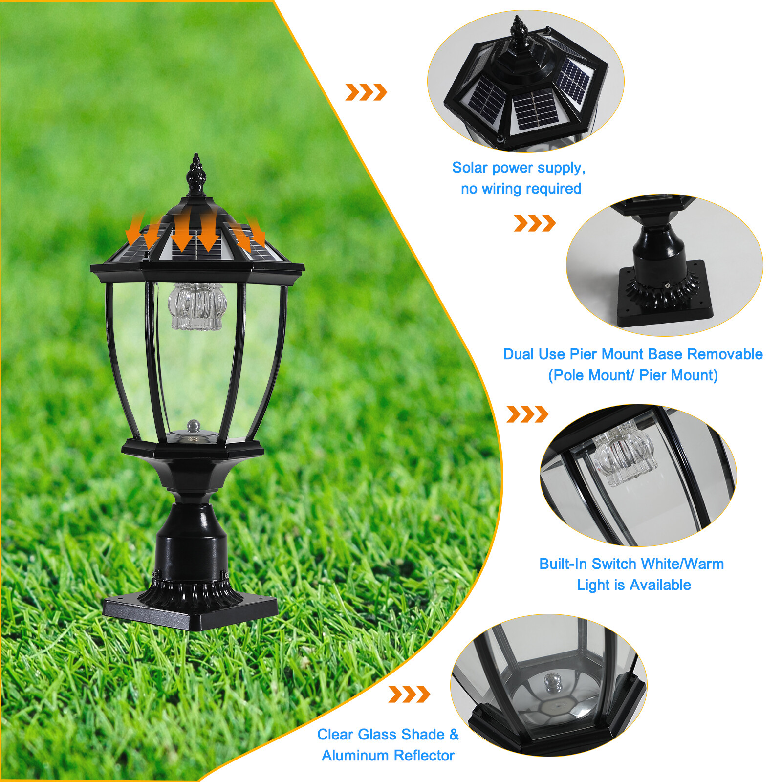 2 Pack 20'' Solar Post Light Outdoor Black Pillar w Remote Control Dusk To Dawn