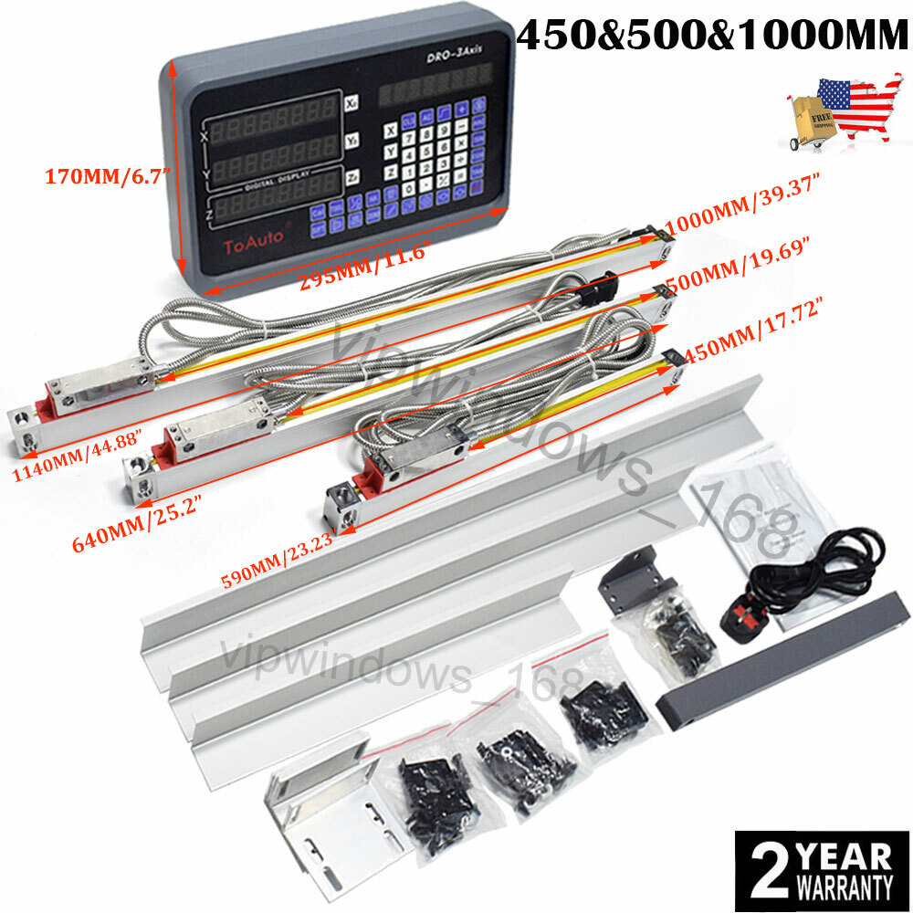 3 Axis DRO Linear Scale Kit 3pc Glass Scales 450+500+1000mm for Mill Lathe EDM