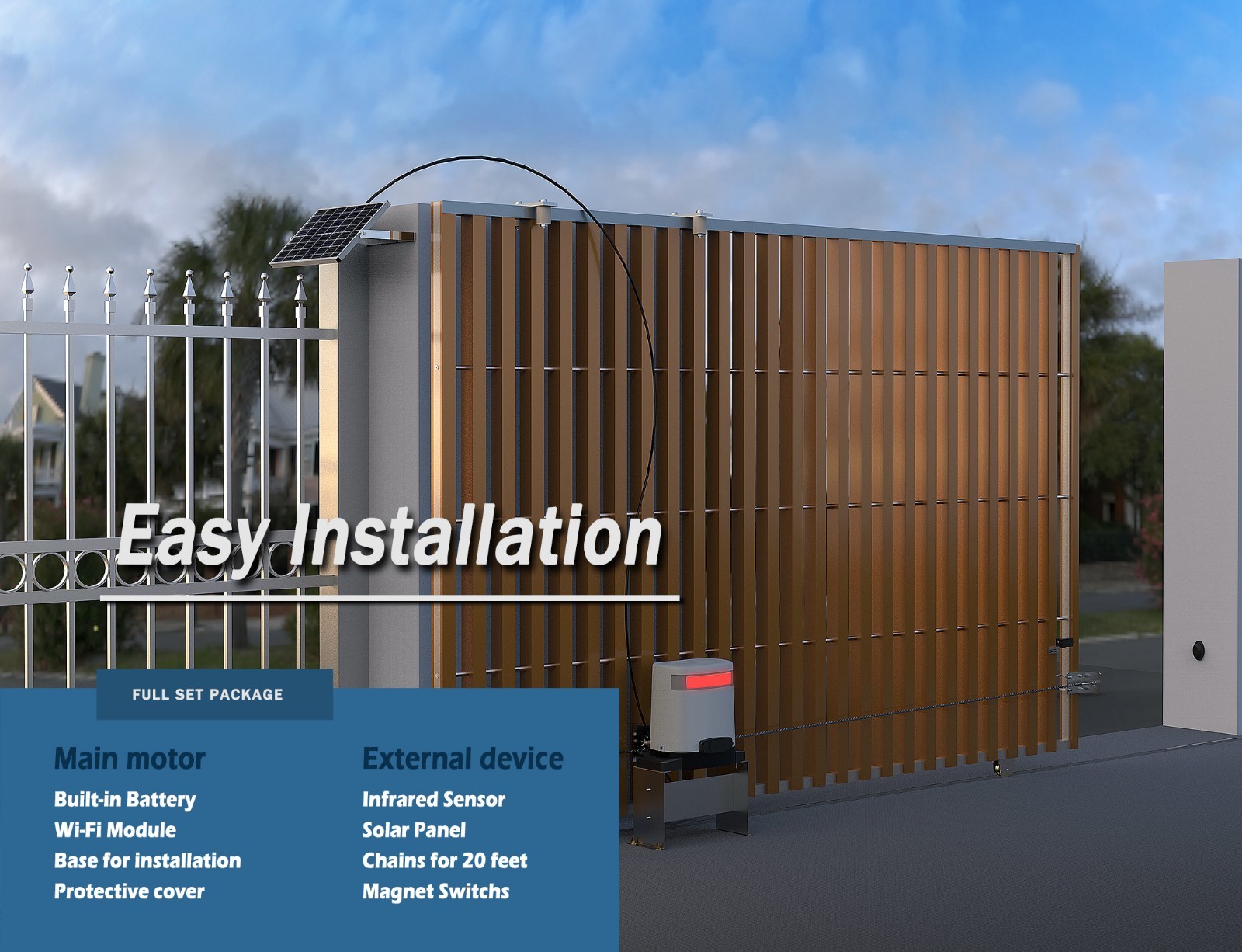 Blütezeit Chain Sliding Gate Opener 1400LB w/25W Solar Panel/WiFi/Battery Backup