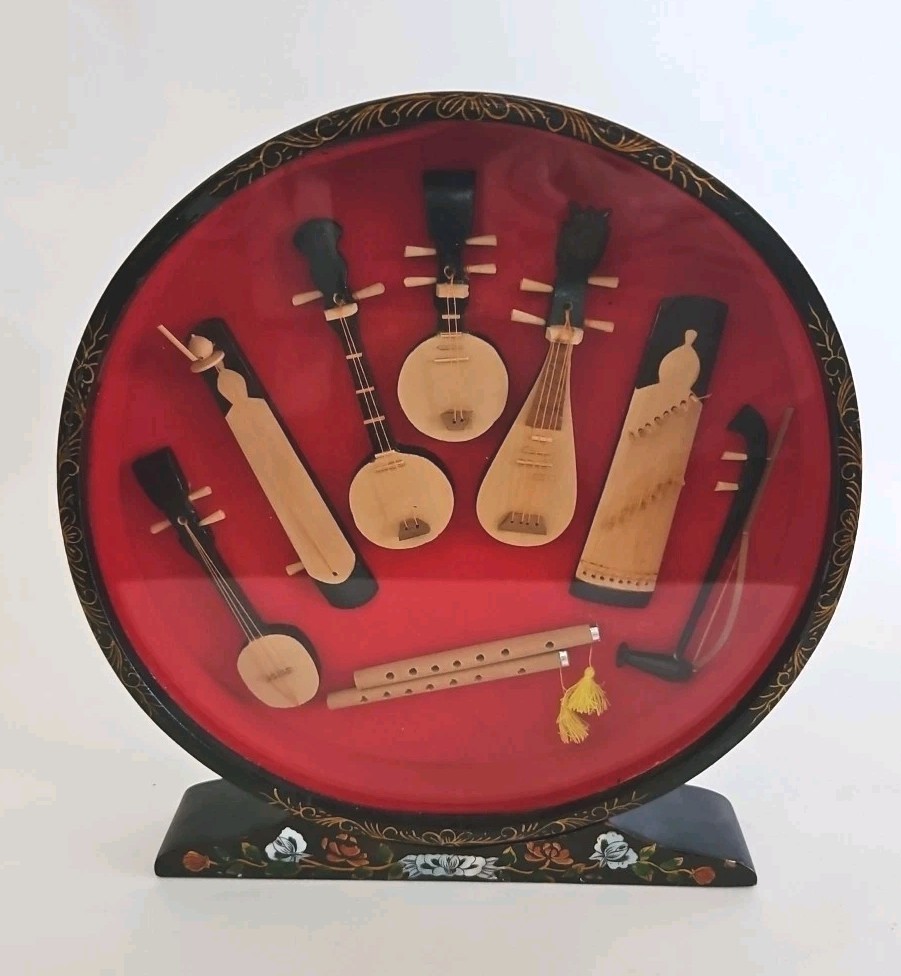 Chinese Mini Vtg Musical Instruments Wooden Show Case Display Mother of Pearl