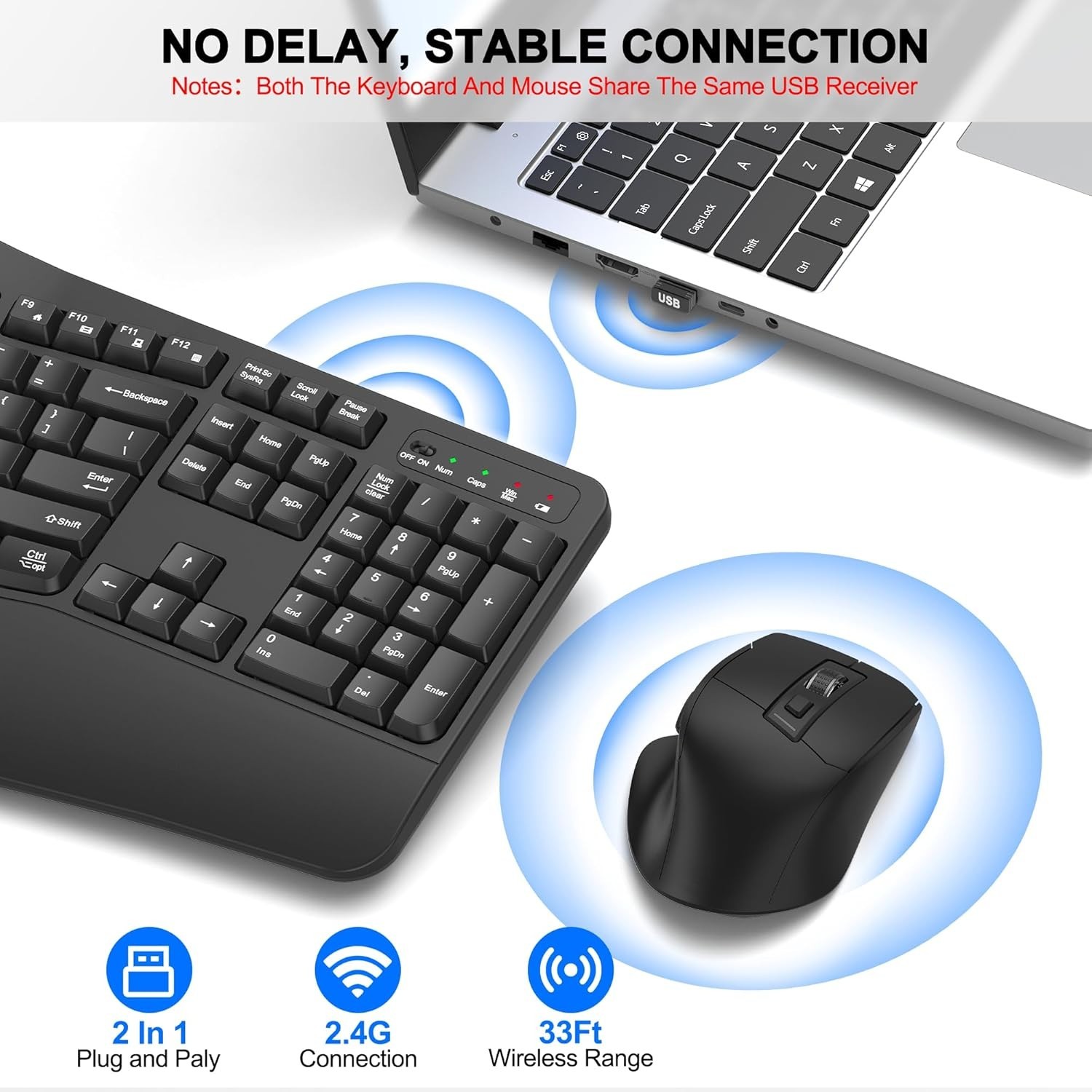 Wireless Keyboard and Mouse Combo, 2.4G Full Size Wave Keys Ergonomic Keyboard
