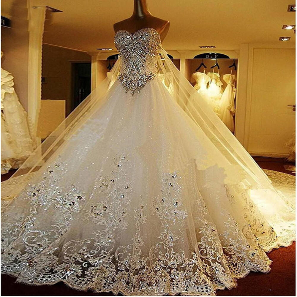 Luxury Sparkle Wedding Dresses Crystal with Detachable Back Train Bridal Gown