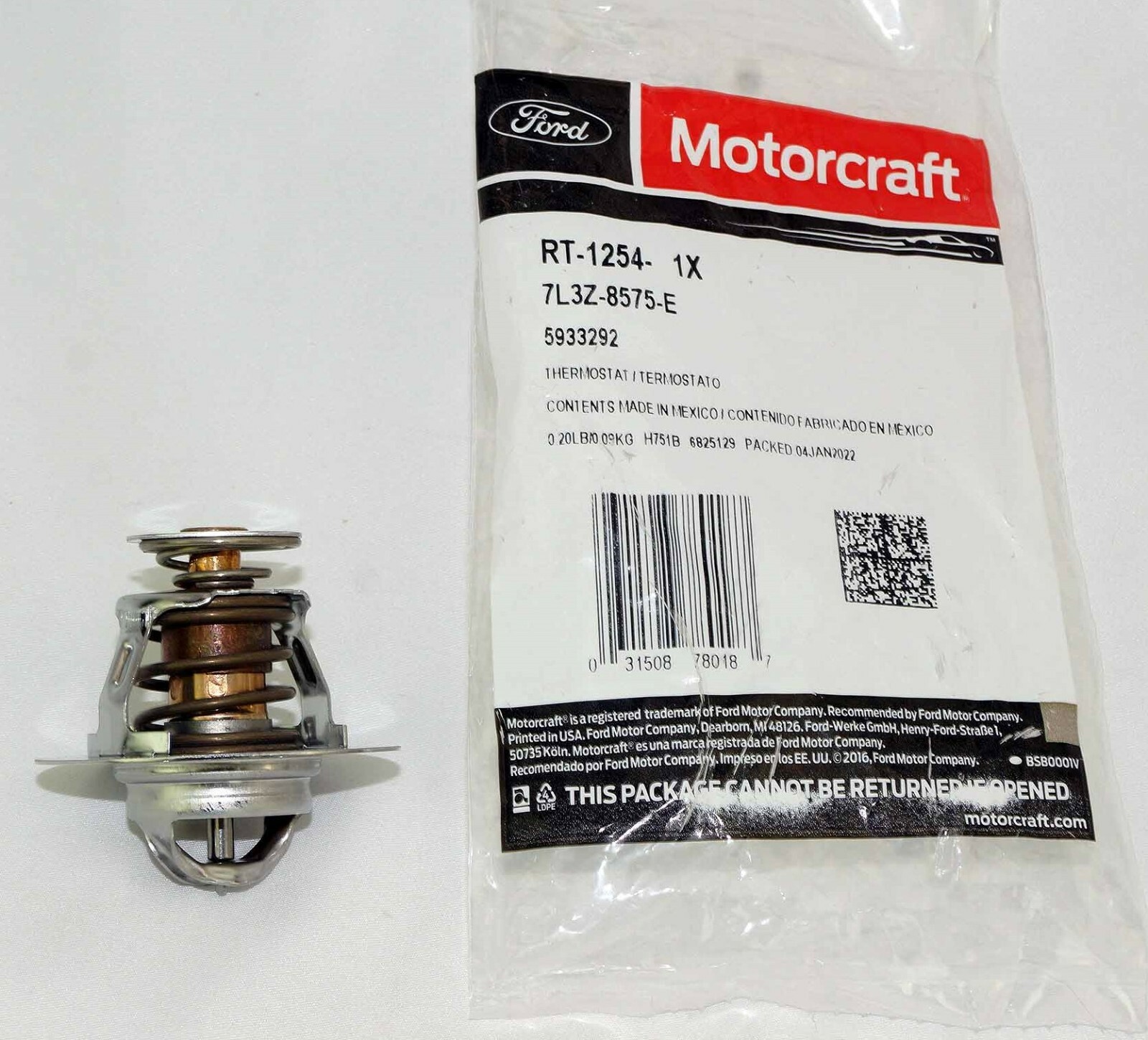 Genuine OEM Motorcraft RT1254 Engine Coolant Thermostat Ford 7L3Z8575E 92-2011