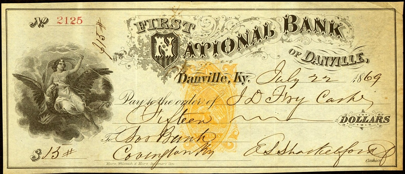 KY $15 DANVILLE Kentucky The First National Bank July 22, 1869 Bank Check