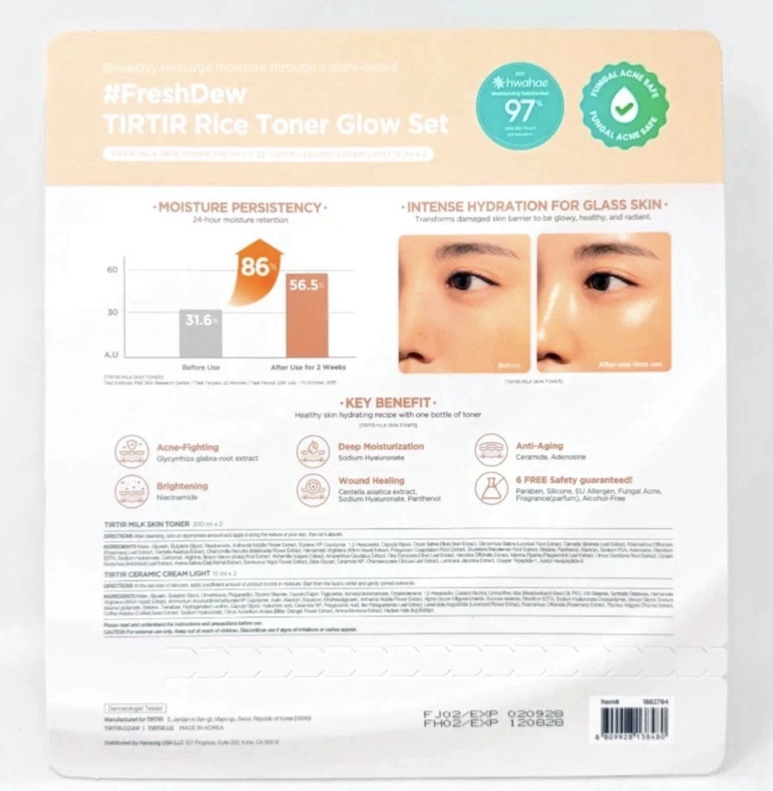 NEW 2 TIRTIR Milk Rice Skin Toner 200ml 6.8 oz + 2 Ceramic Cream 15 ml