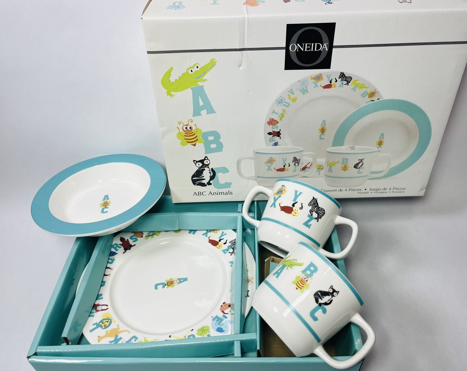 Oneida ABC Animal 4 Piece Children's Dinnerware Set Porcelain Great Gift