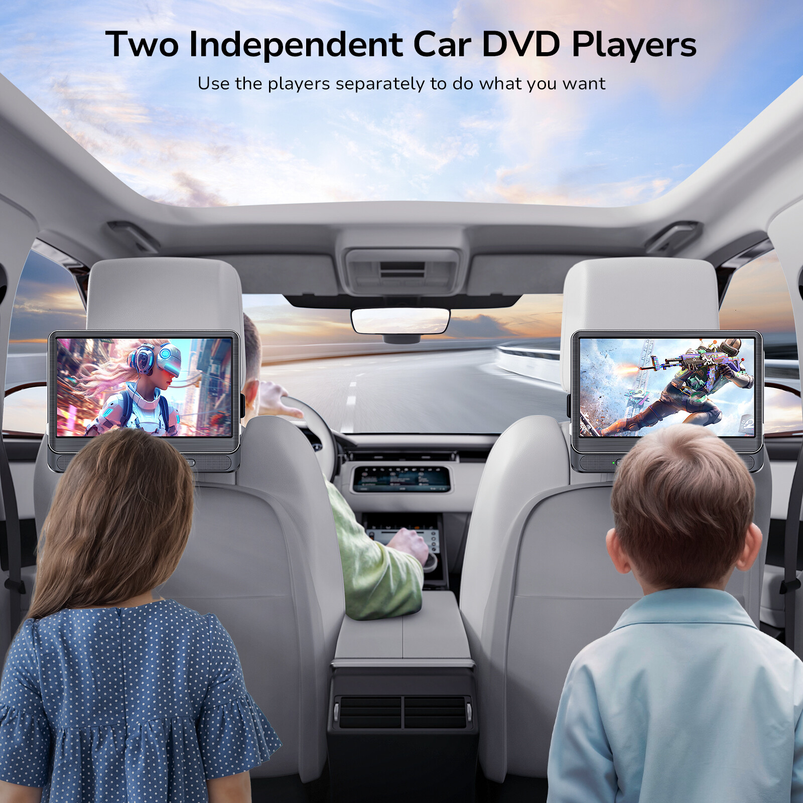 2 x 12 Inch Full HD Car Headrest Monitor TV DVD Media Player USB SD W/ Headsets[