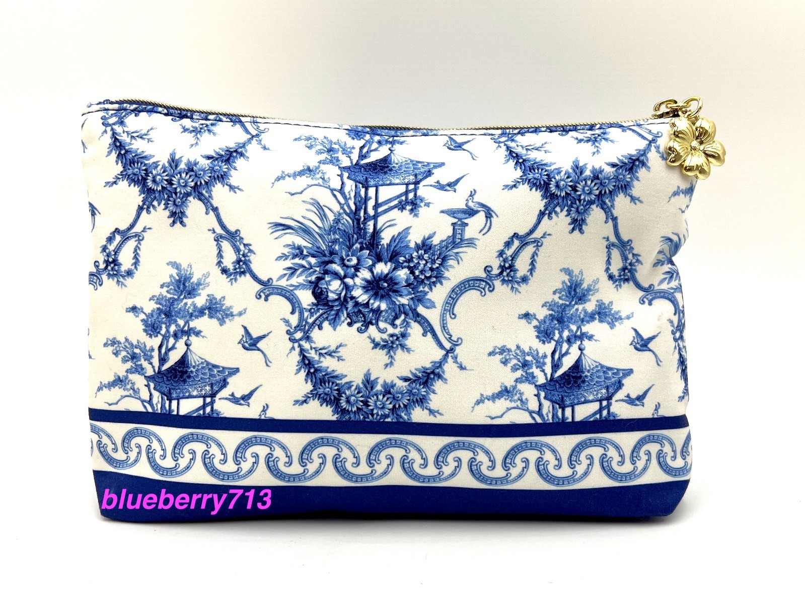 2 Bags: Estee Lauder Blue Flower , Bird Print Makeup Bag with Zipper