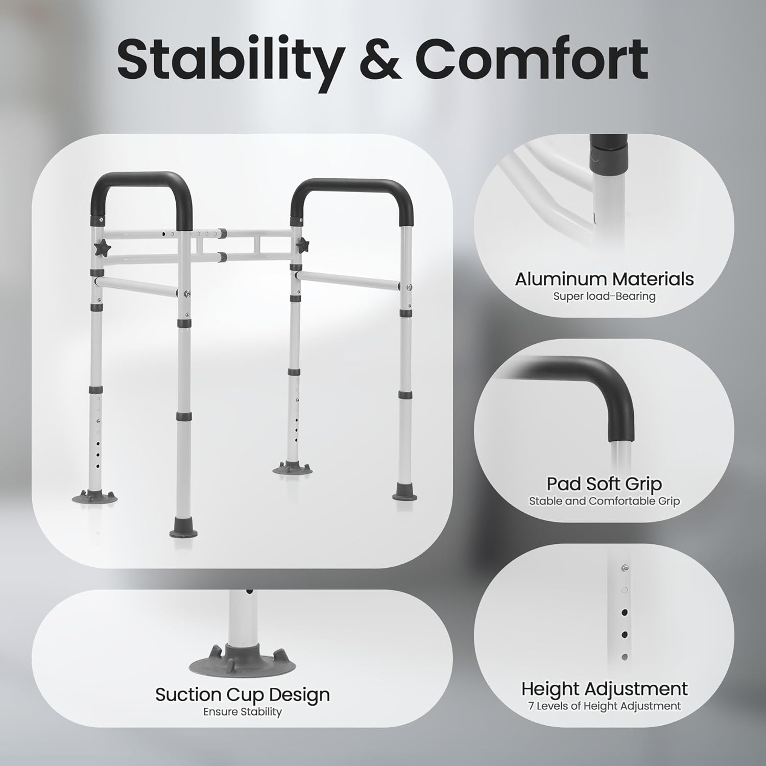 Toilet Frame for Seniors, Elderly & Disabled, Toilet Rails Adjustable, Foldable