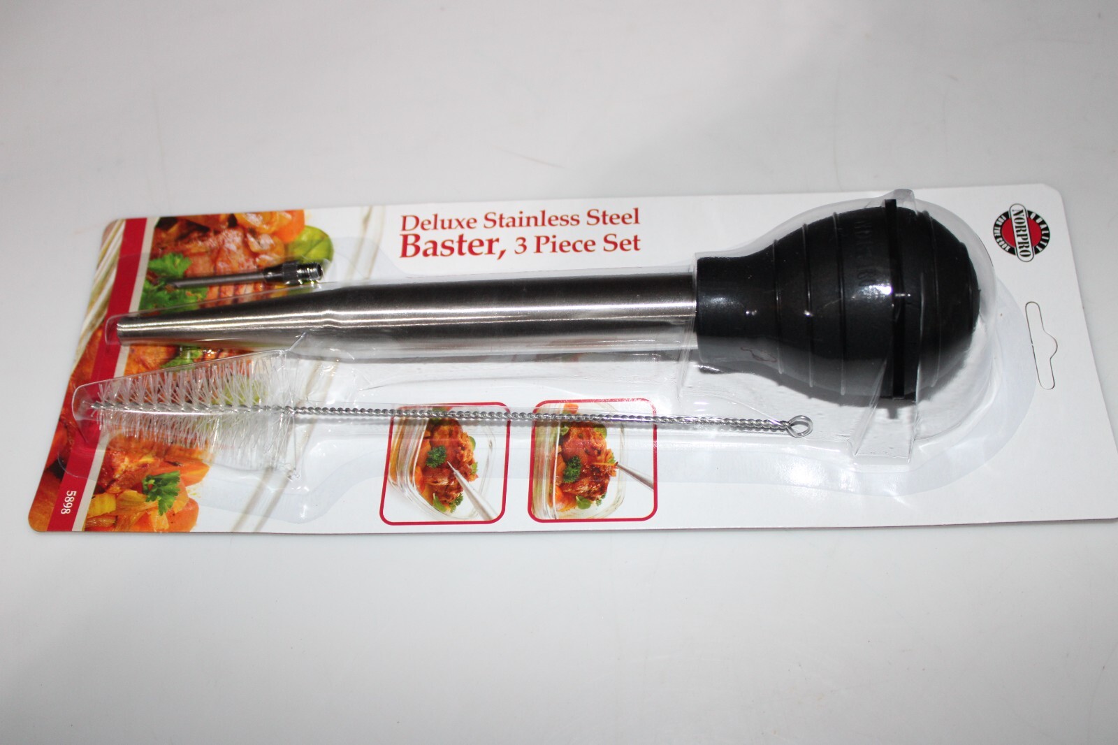 Stainless Steel Baster Turkey Chicken 3 piece Set Silicone Bulb Deluxe Norpro
