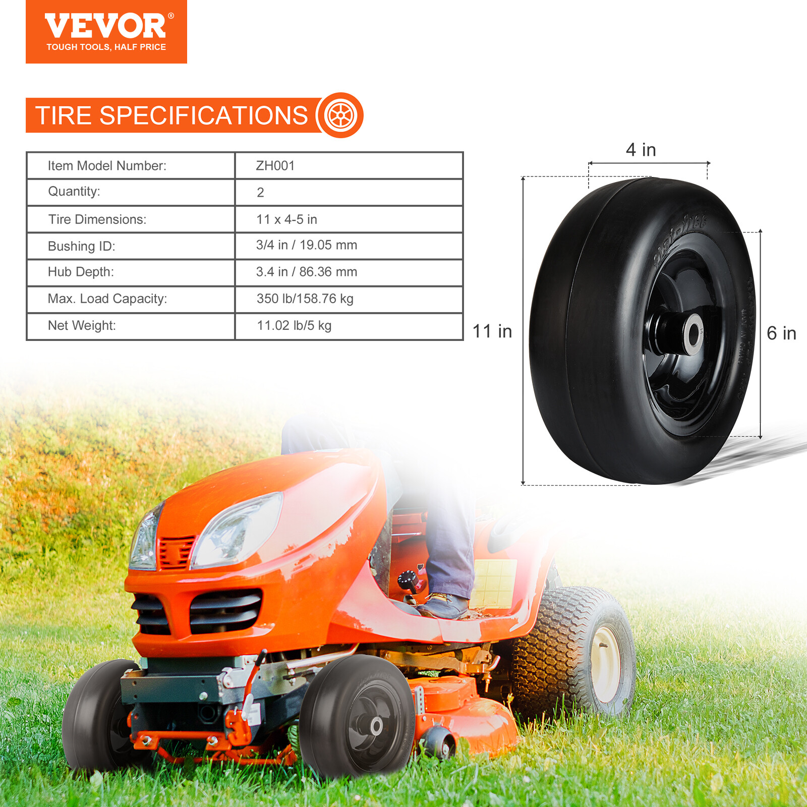 VEVOR 11x4-5 Lawn Mower Tires 2-Pack Flat-Free PU Tractor Tires