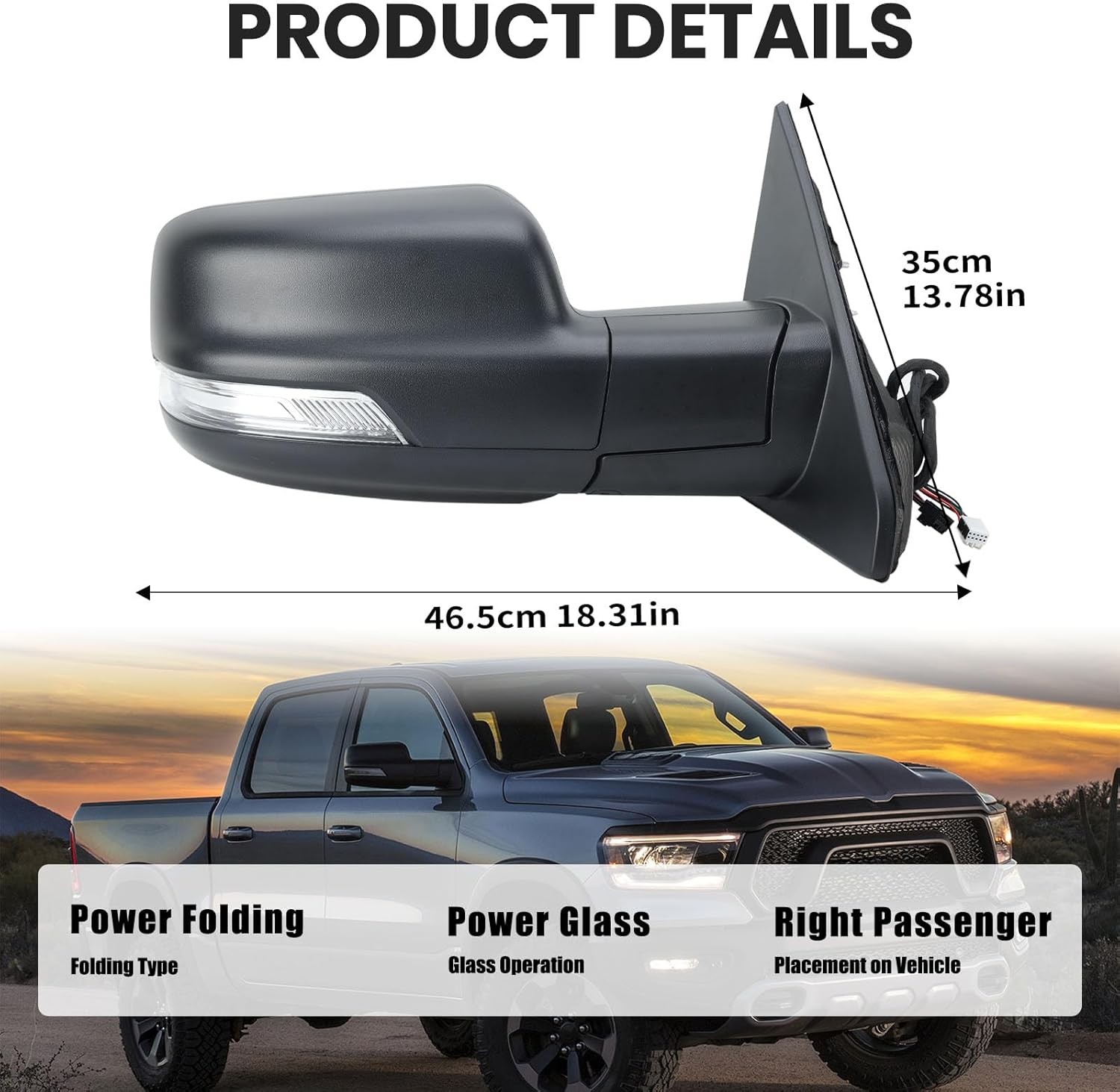 Heated Mirror w/Power Fold Signal Light Right For 2019-2024 Ram 1500 68276500AH