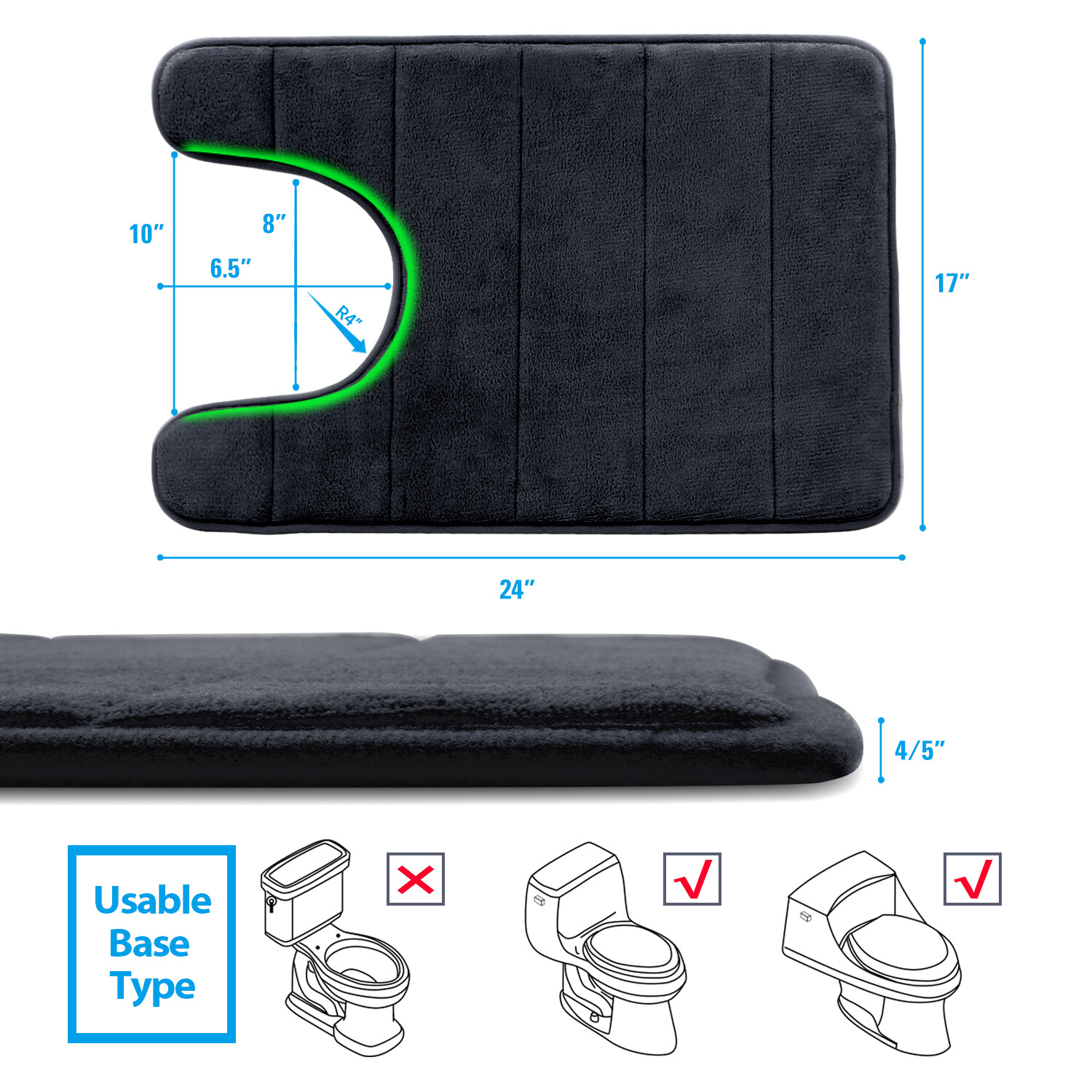 BETUS U-Shaped Contour Memory Foam Toilet Mat Velvet Washroom Rug - 16" x 24"