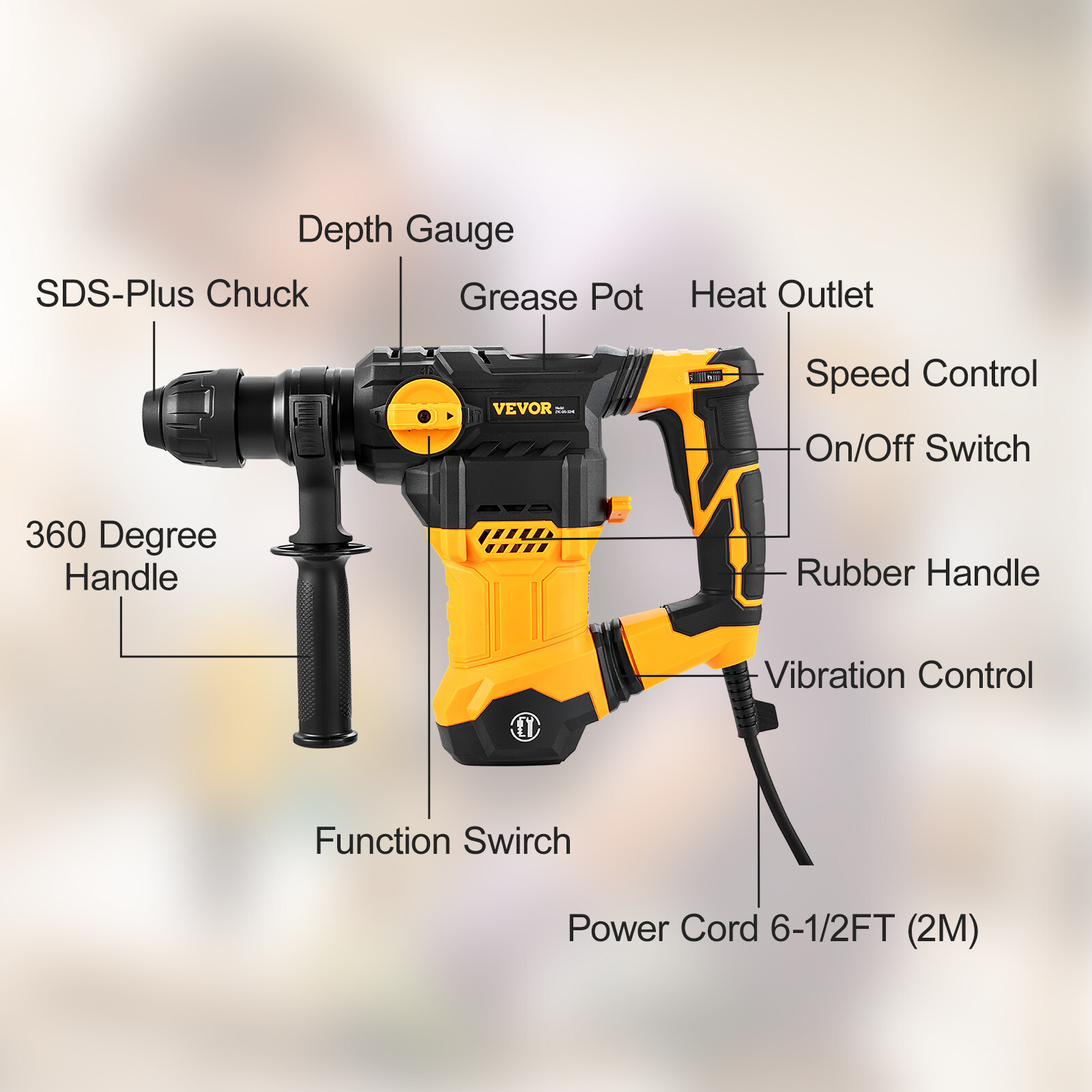 VEVOR Electric Rotary Hammer Drill 1500W SDS Plus 1-1/4" Chipping Hammer Drill