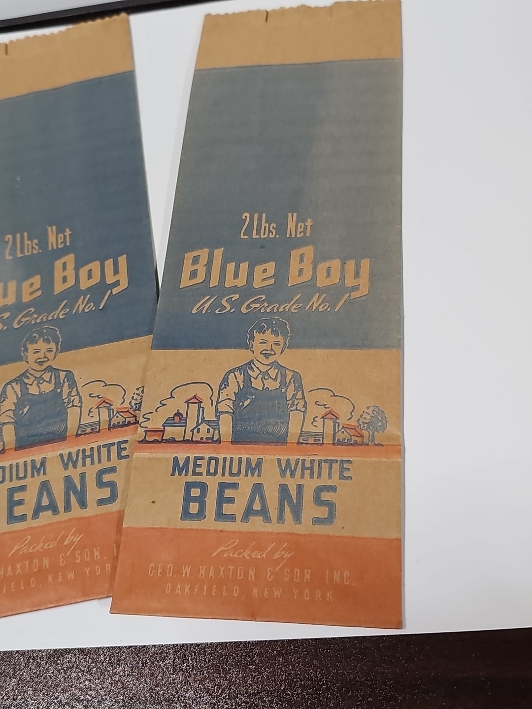 Lot of 2 1940s Blue Boy Medium White Bean Bags. Oakfield, NY Advertising
