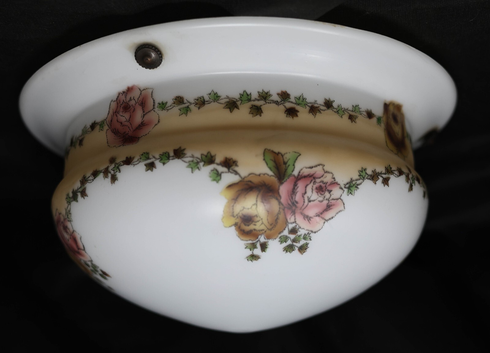 Vintage Large Hanging 3-Chain Glass Light Shade Lamp Part 14.25" Diam x 5" Roses