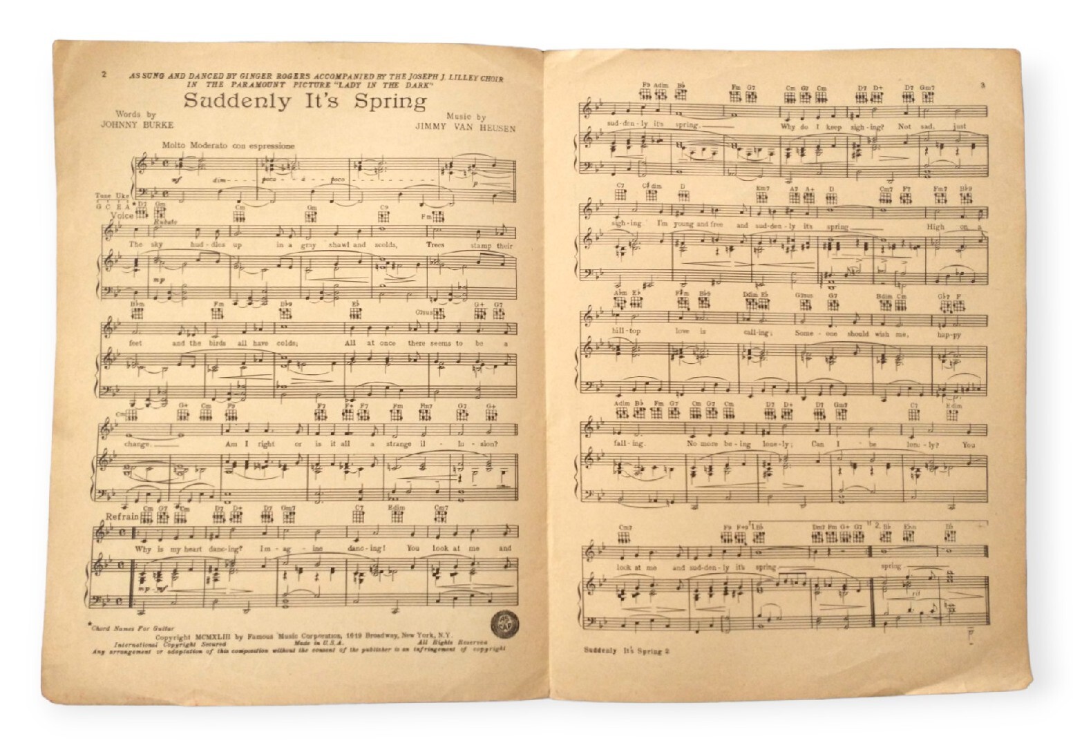 Suddenly It's Spring: Sheet Music for Piano. 1943, from Lady In The Dark