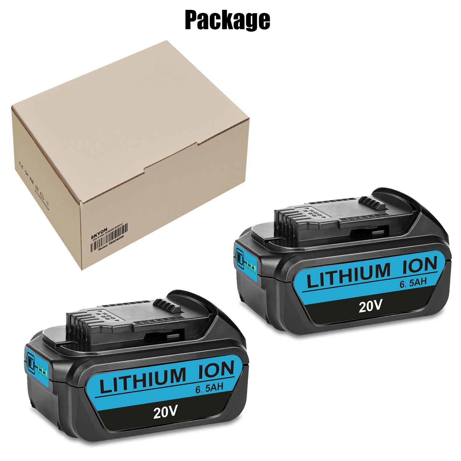 2Pack 6.5AH Battery Replacement For DeWalt 20V Max Lithium ion 20 Volt DCB206