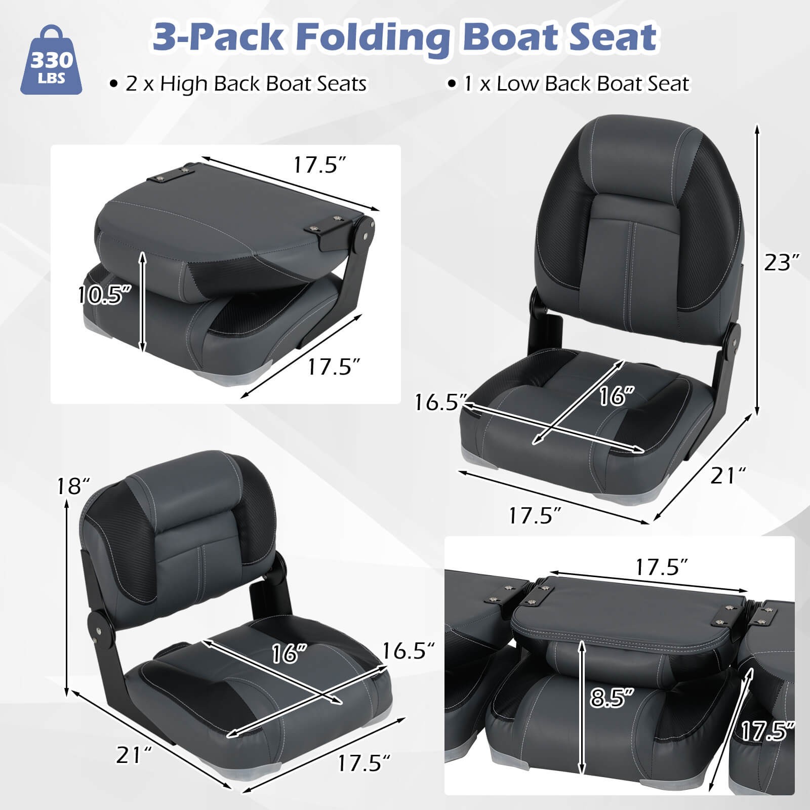 3-Pack Folding Boat Seats w/ 28D Soft Sponge Padding, Waterproof PVC Leather