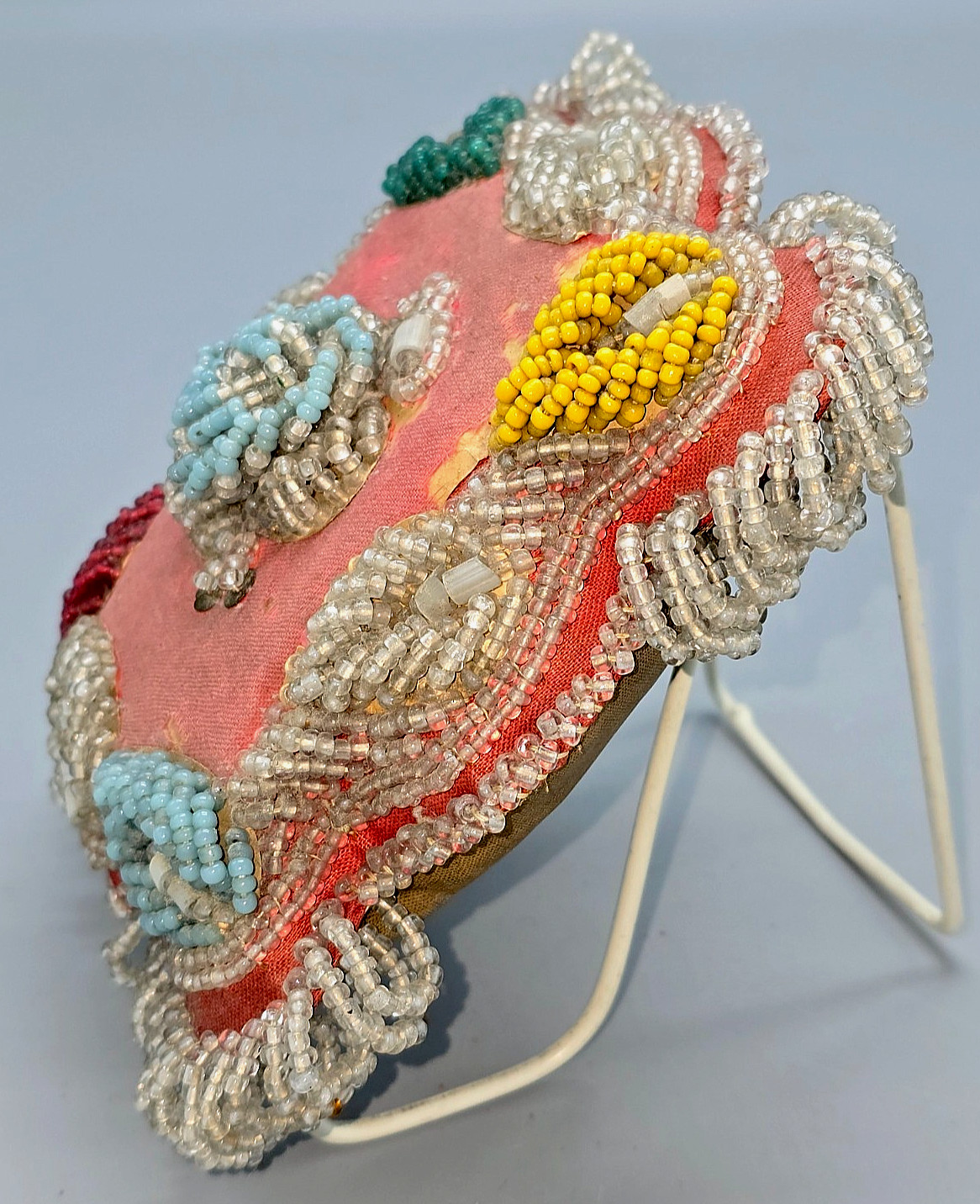 Antique Iroquois Nation 6x5" BEADED BIRD w/LEAVES PIN CUSHION/WALL ART, complete