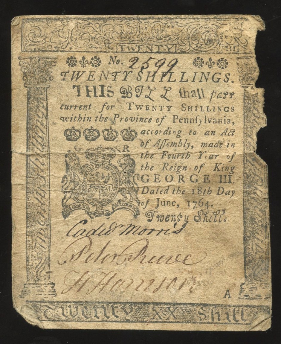 Pennsylvania 20 Shillings June 18, 1764 Printed by Benjamin Franklin PA-126