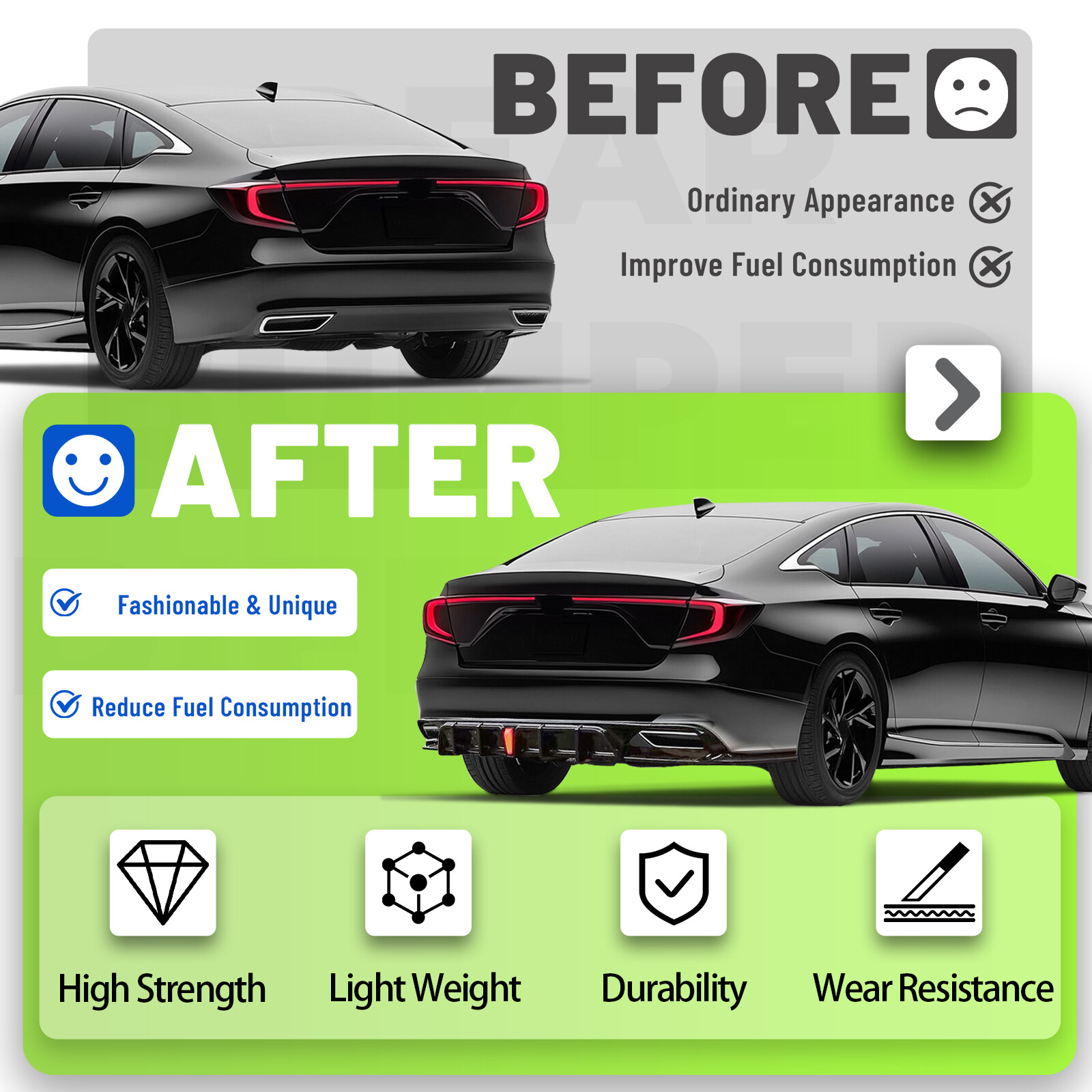 Rear Black Bumper Diffuser Lip Spoiler & Light For Honda Accord 2018-2022